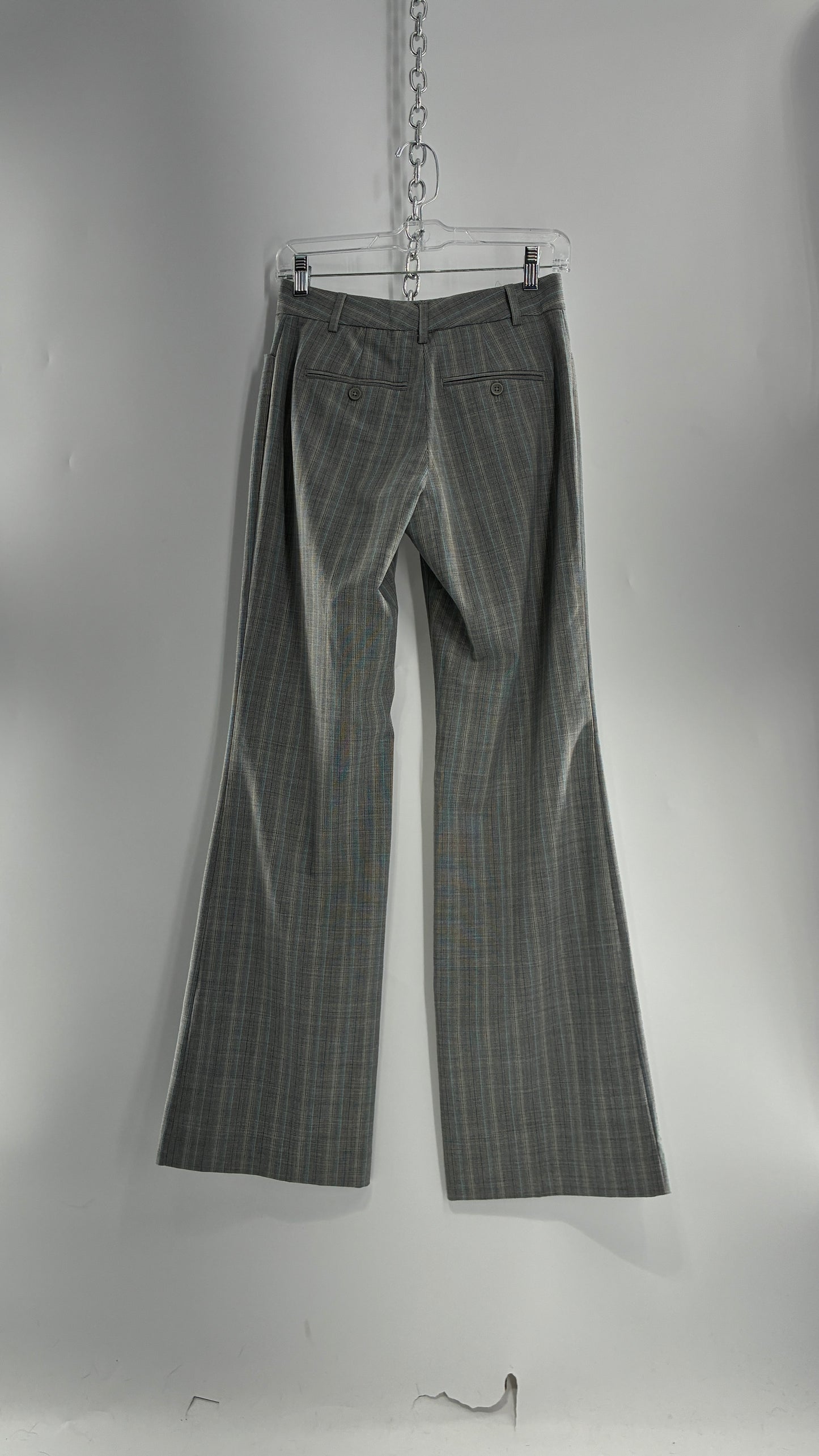 Vintage 1990s EXPRESS Editor Iconic Grey and Blue Low Rise Kickflare Pants (1)