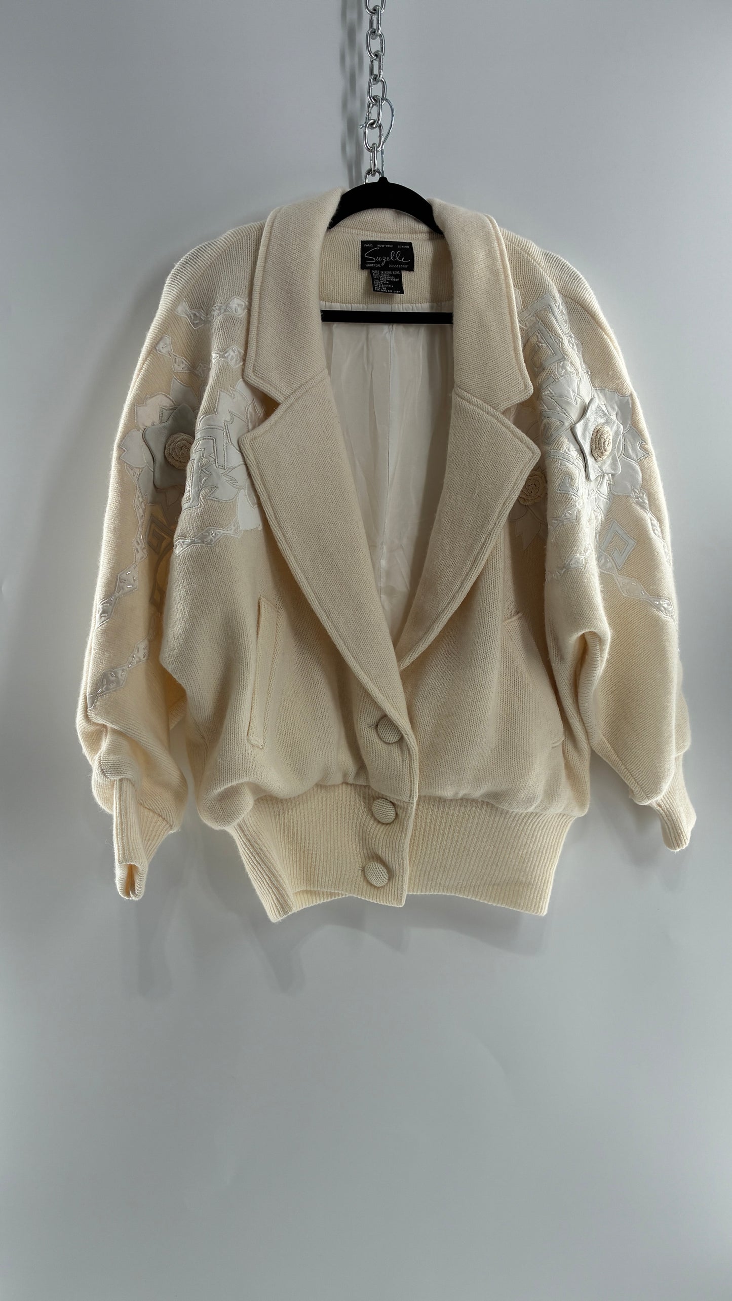 Vintage SUZELLE 70% Lambswool, 20% Angora Rabbit Off White Woven Bomber Jacket with Leather Flower Appliqués (Medium)