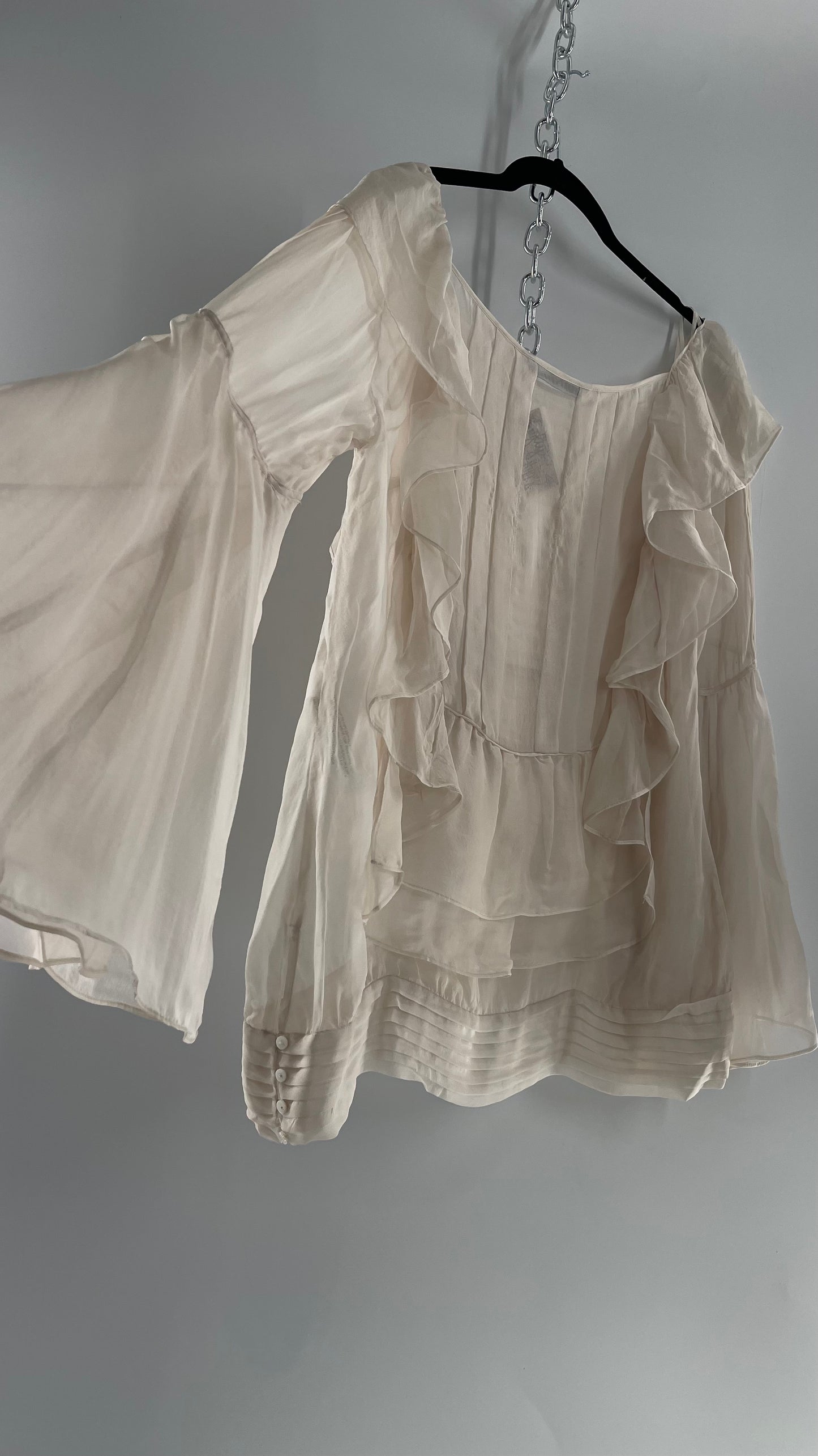 ZARA Ruffled and Embroidered Bell Sleeve Blouse (Large)