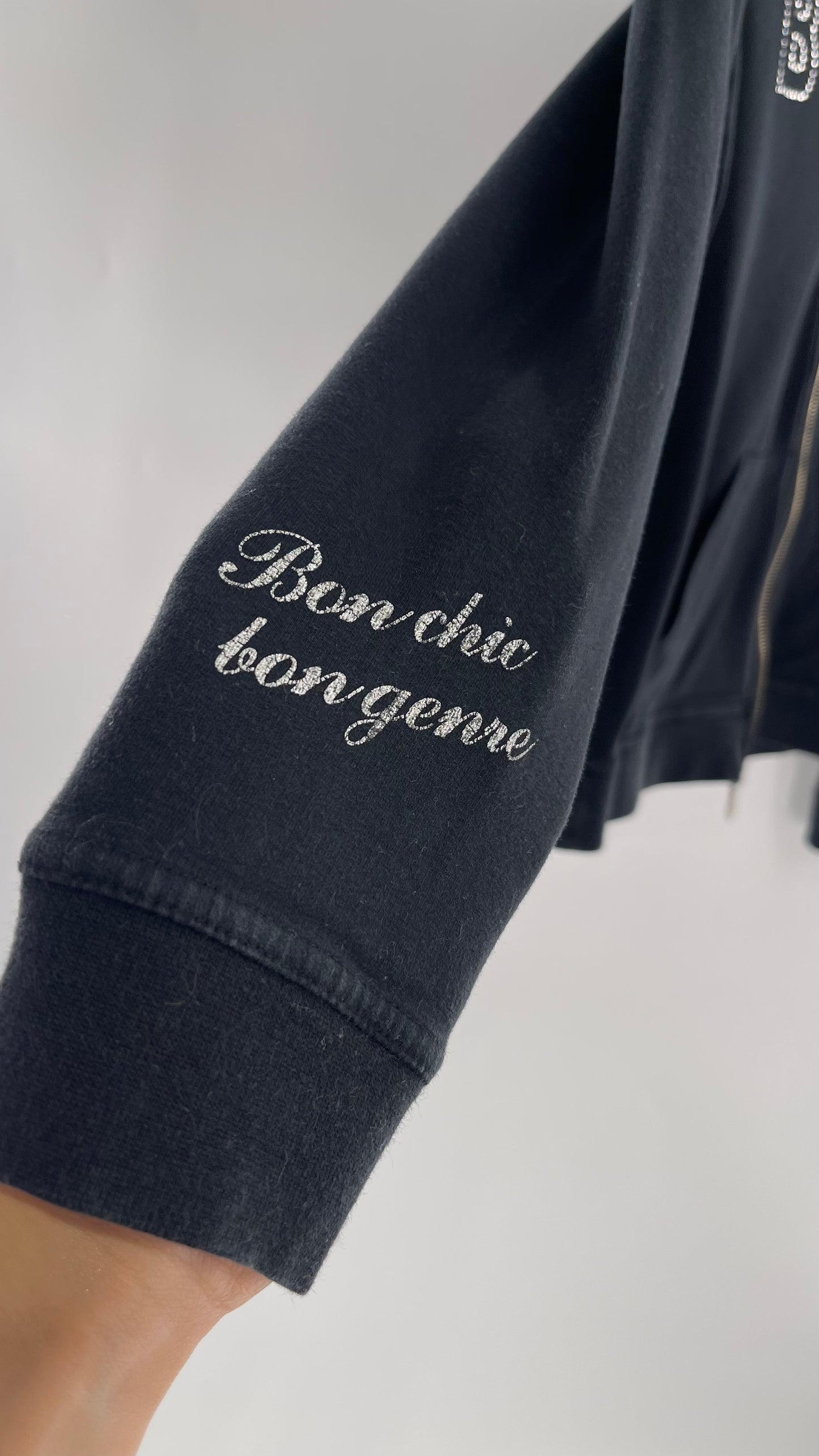 Vintage BCBG Rhinestone Logo Hoodie with Zip Up Studded Hood (Medium)