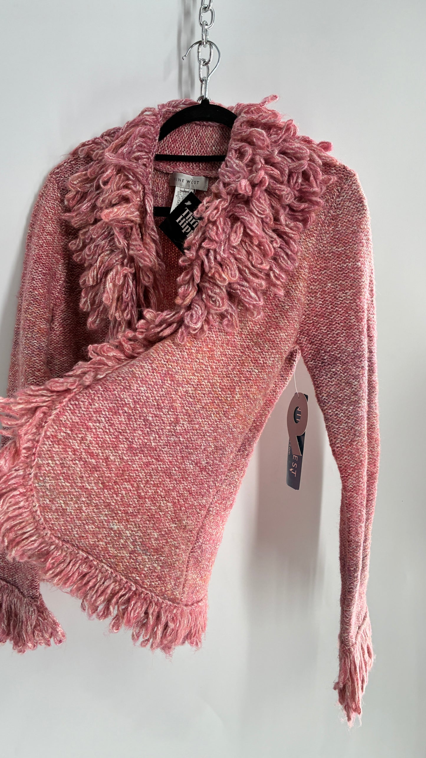Nine West Pink Knit Cardigan Jacket with Exaggerated Fringe Collar and Cuffs (Large)
