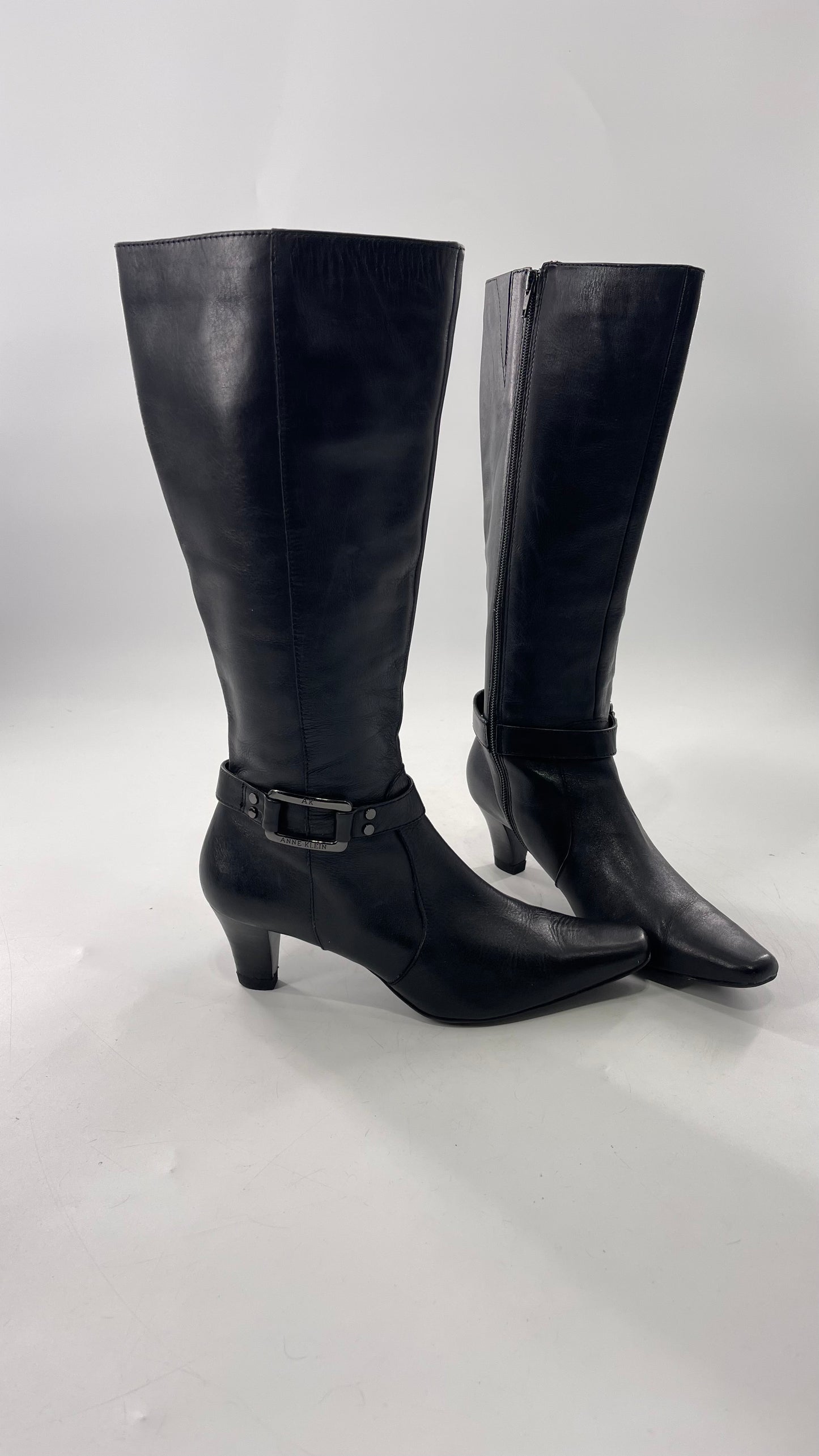 Vintage Black Anne Klein Leather Knee High Boots with Pointed Toe and Ankle Metal Buckle Detail (8)