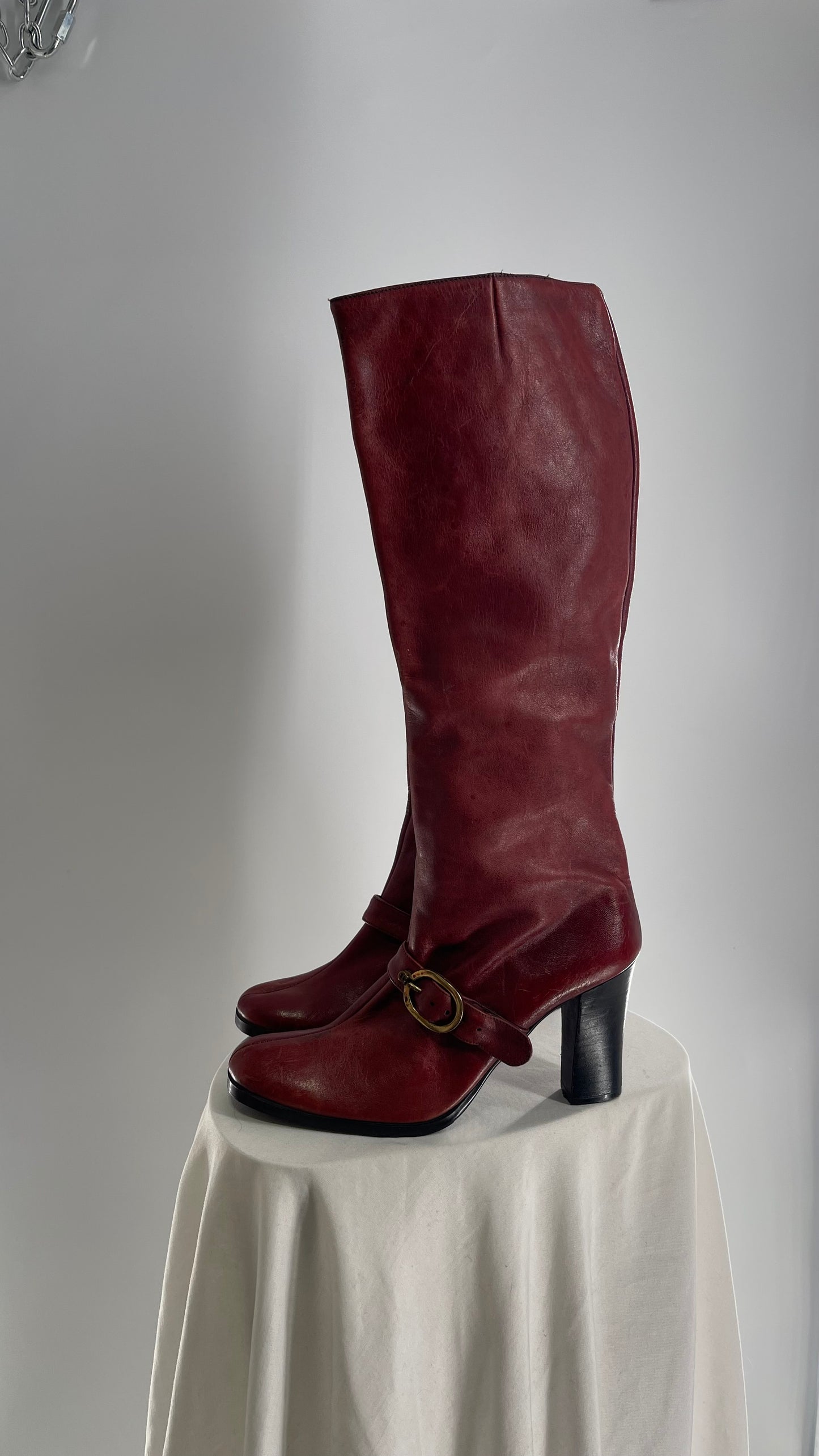 Vintage Etienne Aigner Red Italian Leather Boots with Buckle Strap (8.5)