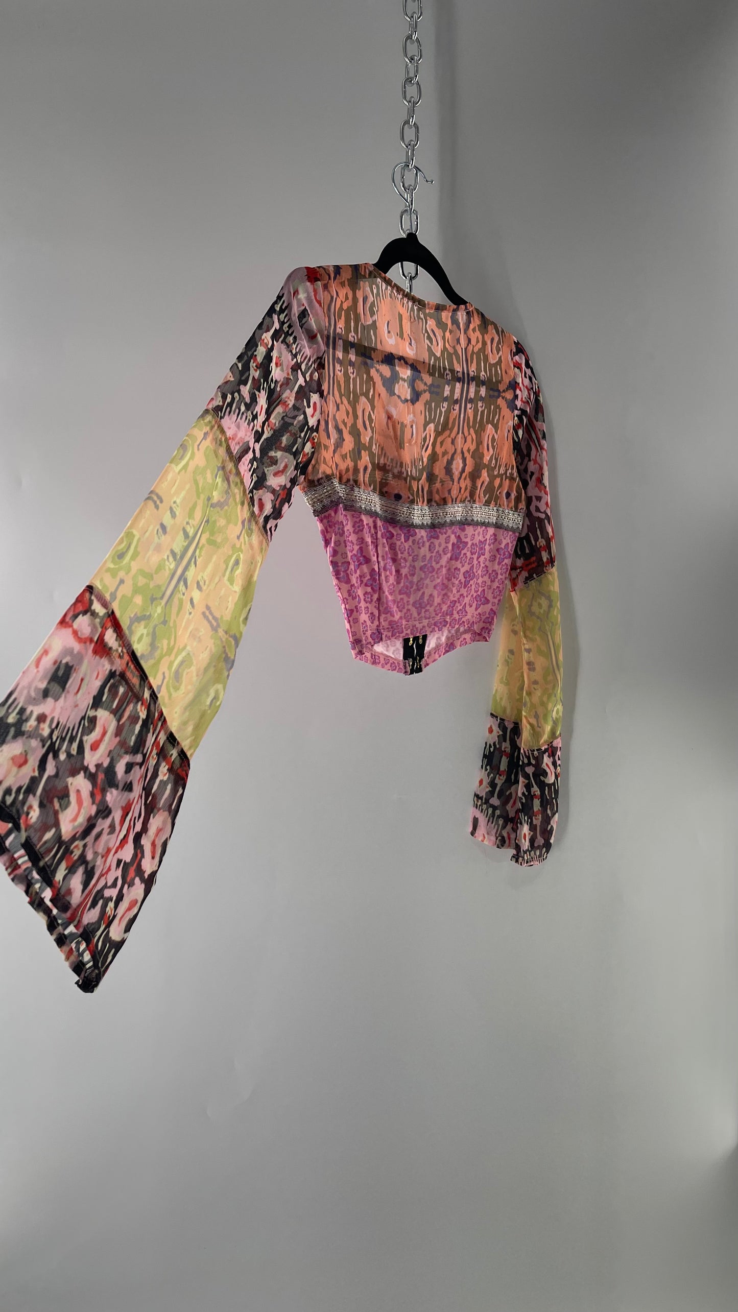 Free People Walk that Walk Mixed Pattern Sheer Bell Sleeve Colorful Crop (XS)