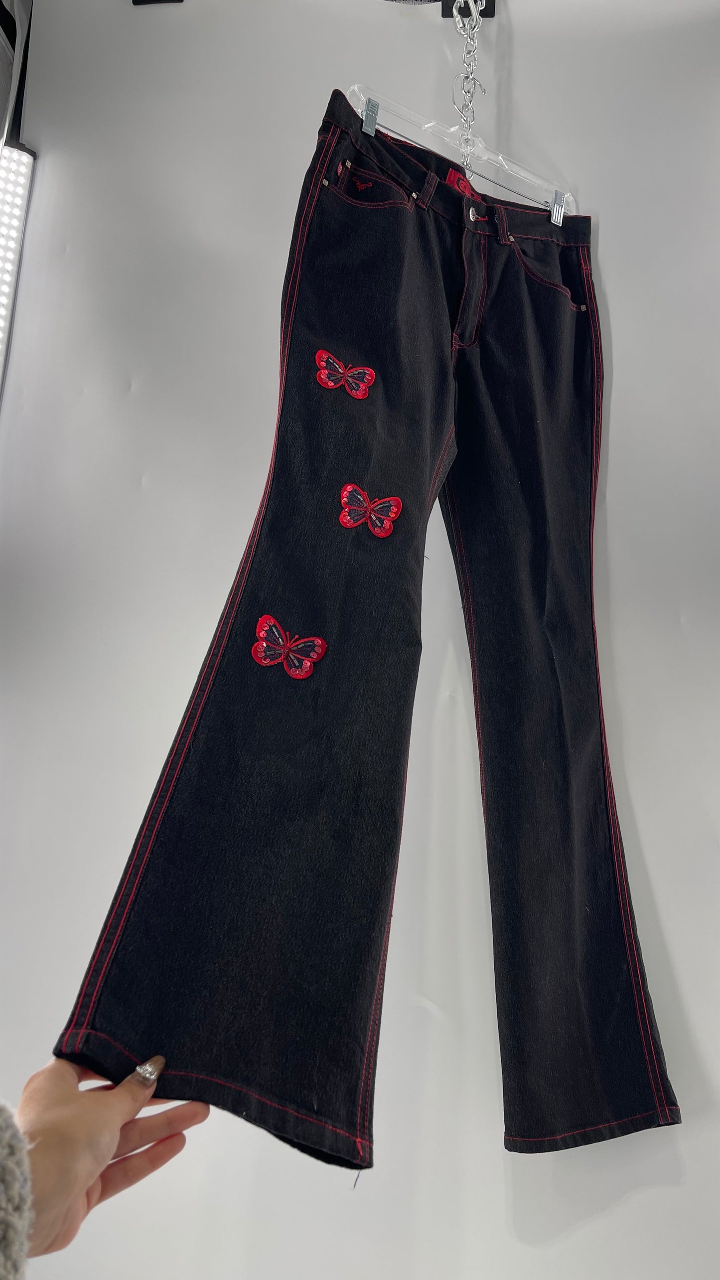 Rare Vintage Black Crest Jeans with Red Contrast Stitching and Butterfly Embroidery on Thigh and Back Pockets (14)