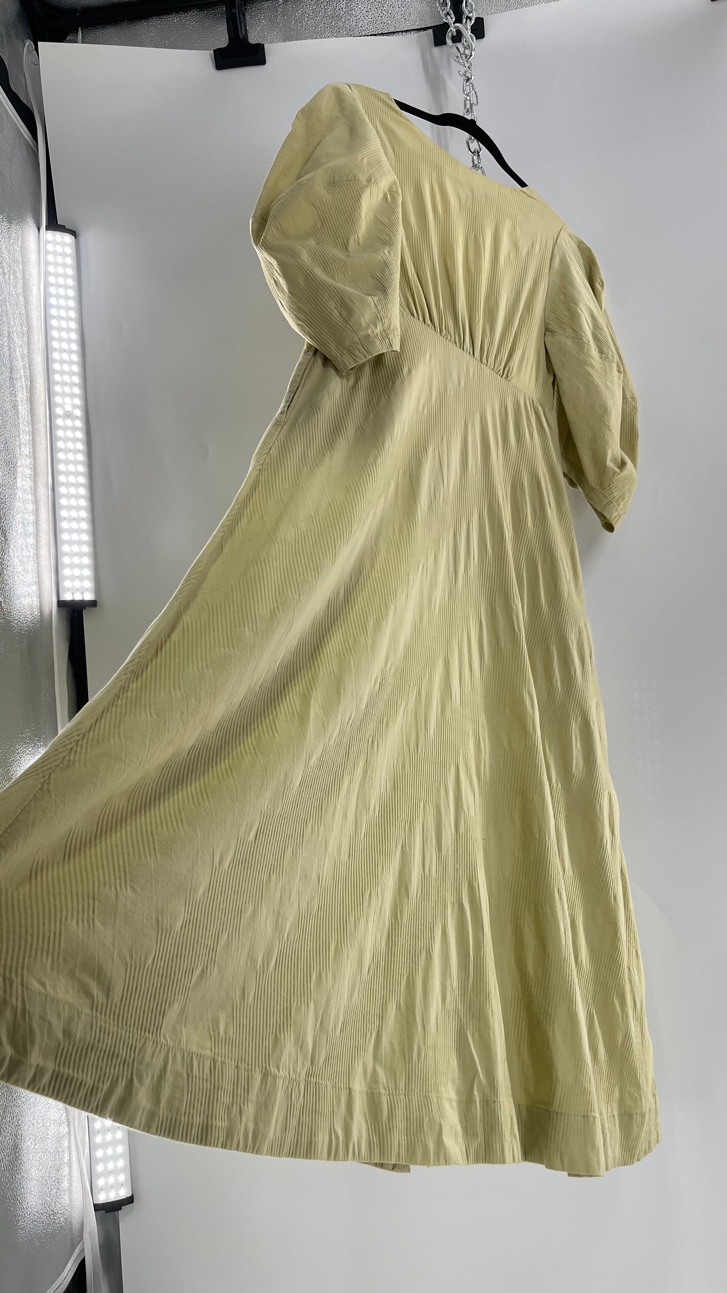 Free People Sage Green Textured Hidden Wooden Button Front Maxi with Back Pleating (Small)