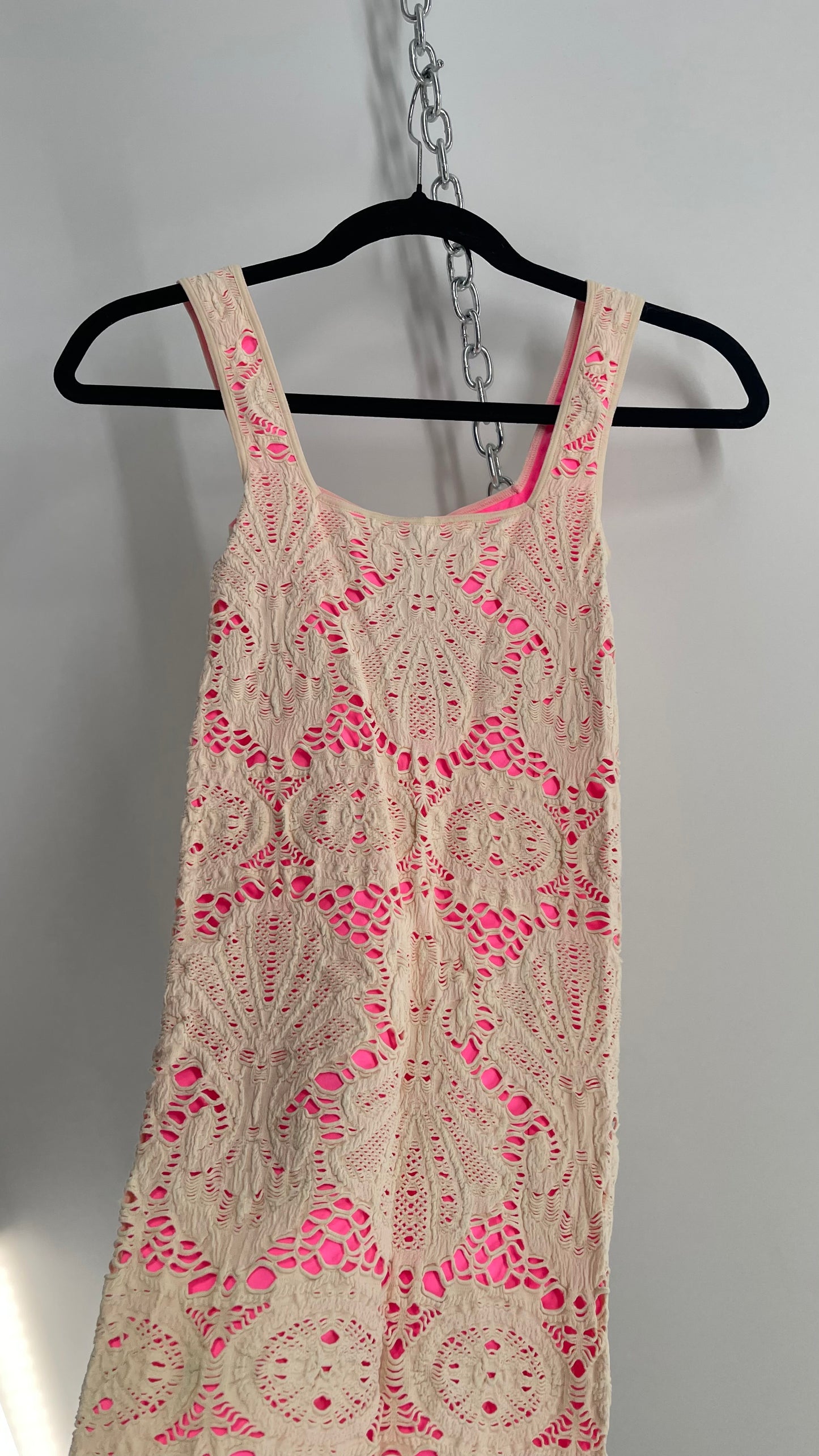 Free People Pink Stretchy Dress with Off White Lace Overlay (XS/S)