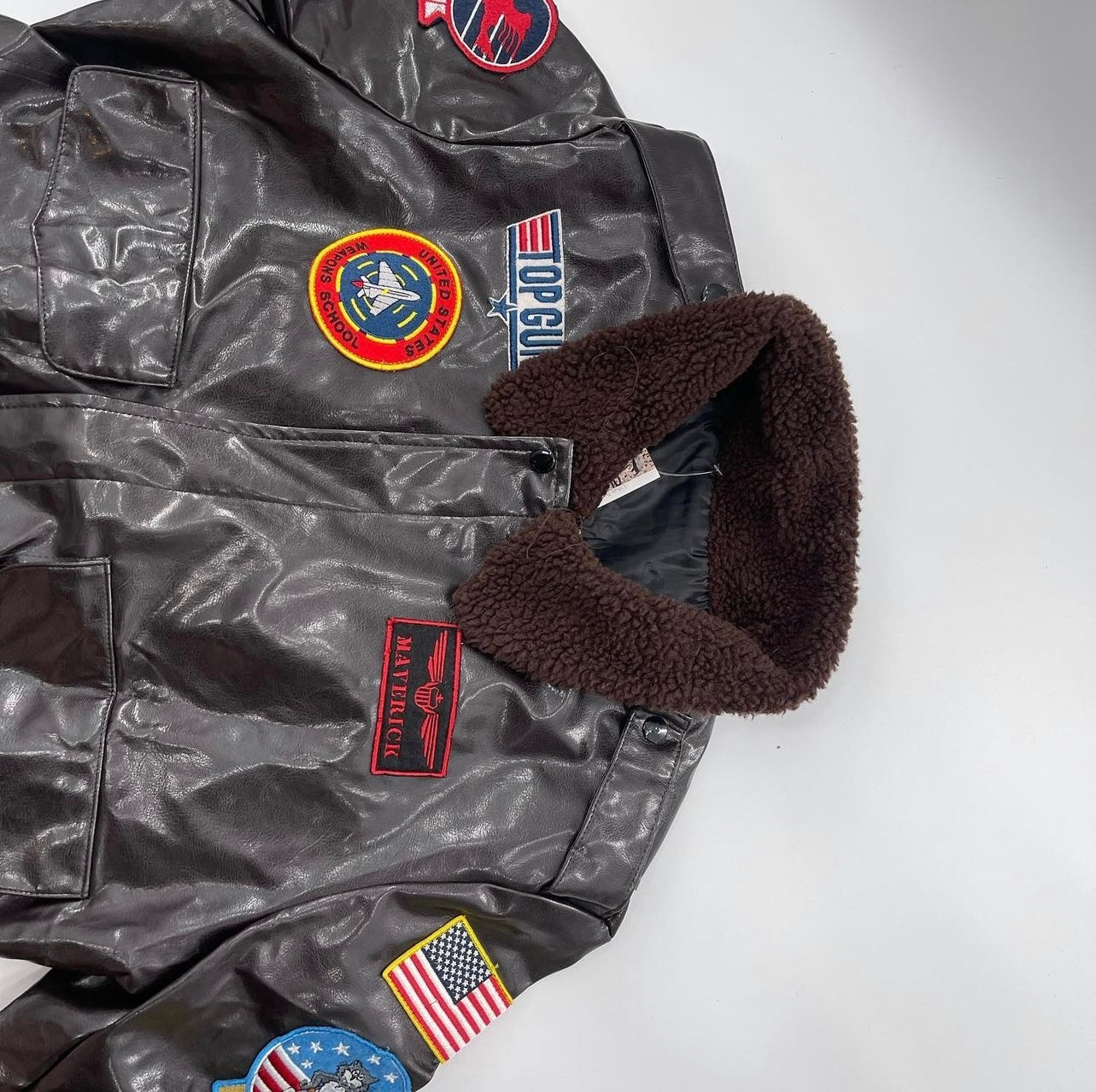 Vintage Dark Brown Top Gun Bomber Jacket with Patches and Teddy Sherpa Collar (Large)