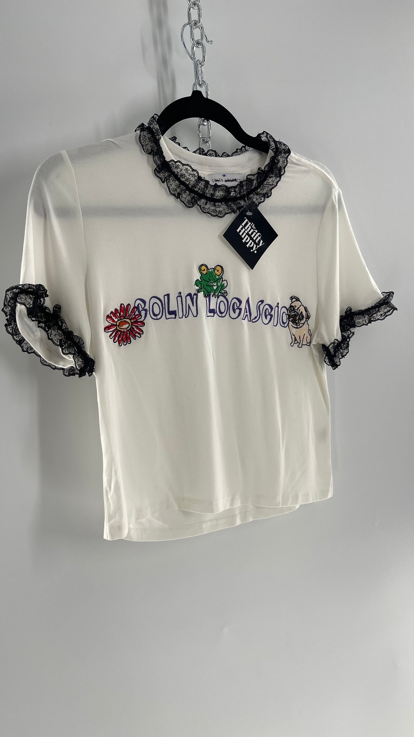 Colin Locascio Tannie T Shirt White Black Lace Ruffle Sleeves Frog Embroidery (Small)