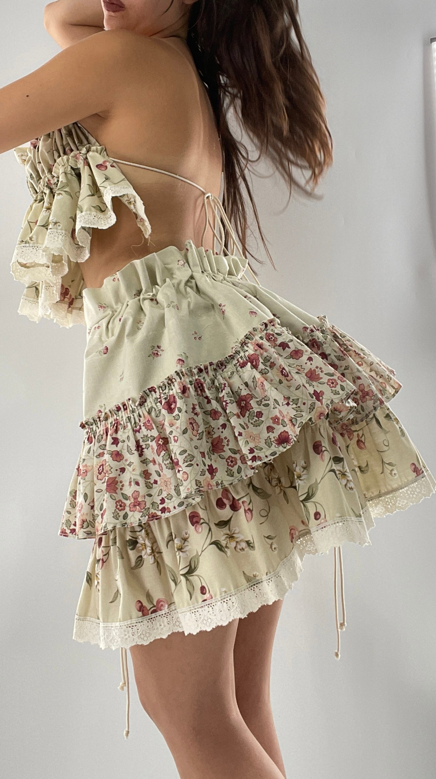 Vintage Cherry Cottage Set with Tiered Ruffled Skirt and Ruched, Backless Top (One Size)
