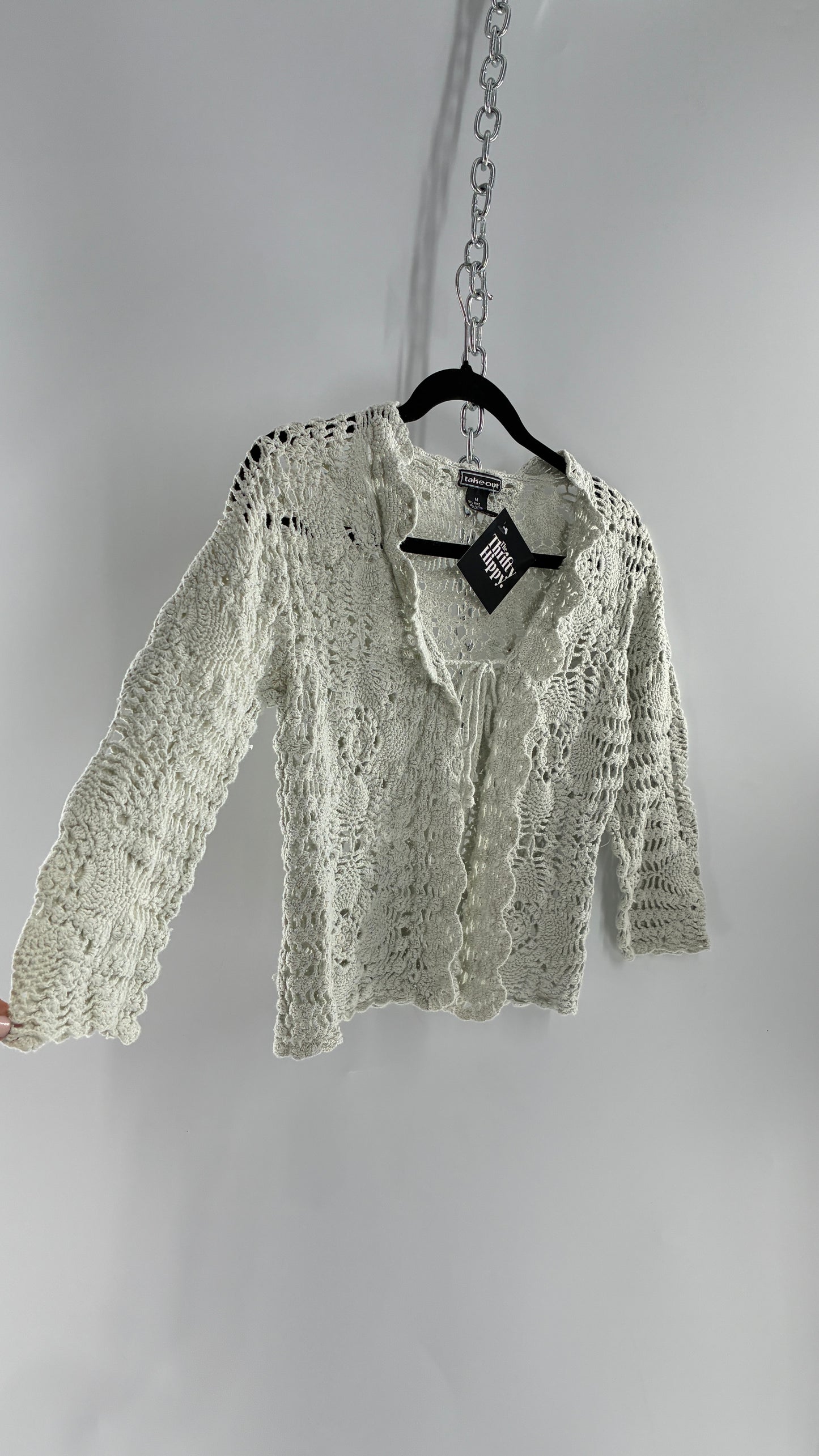 Vintage TAKEOUT Grey Crochet Knit Tie Bust Cardigan Top (Medium)