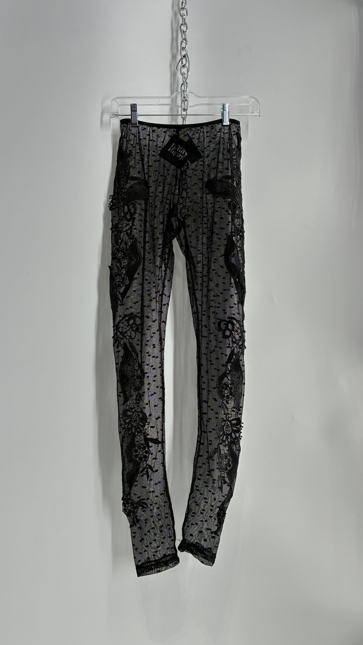 Staring at Stars Black Sheer Footless Tights with Lace Appliqué Design on Both Legs (XS)