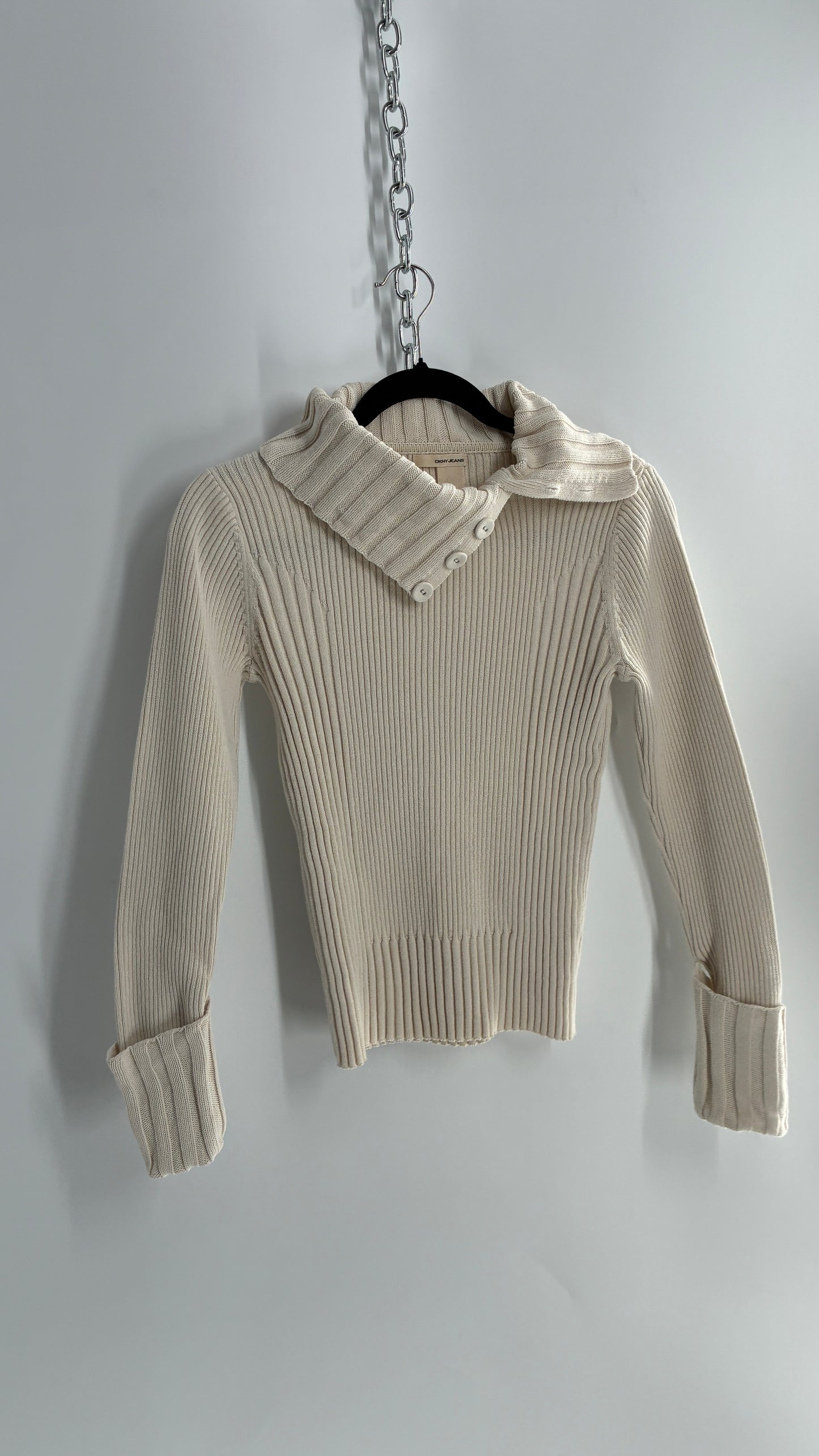 Vintage 1990s DKNY Off White Thick Ribbed Long Sleeve with Fold Over Wrists and Neckline (Medium)