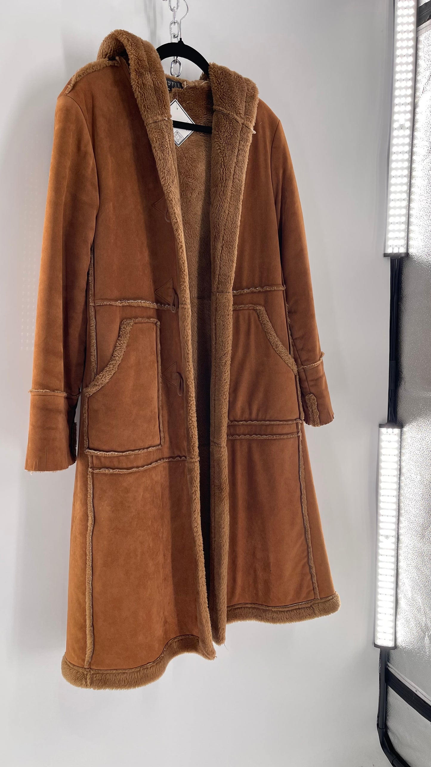 Vintage Faux Suede Long Hooded Coat with Fur Trim/Piping (C)(Medium)