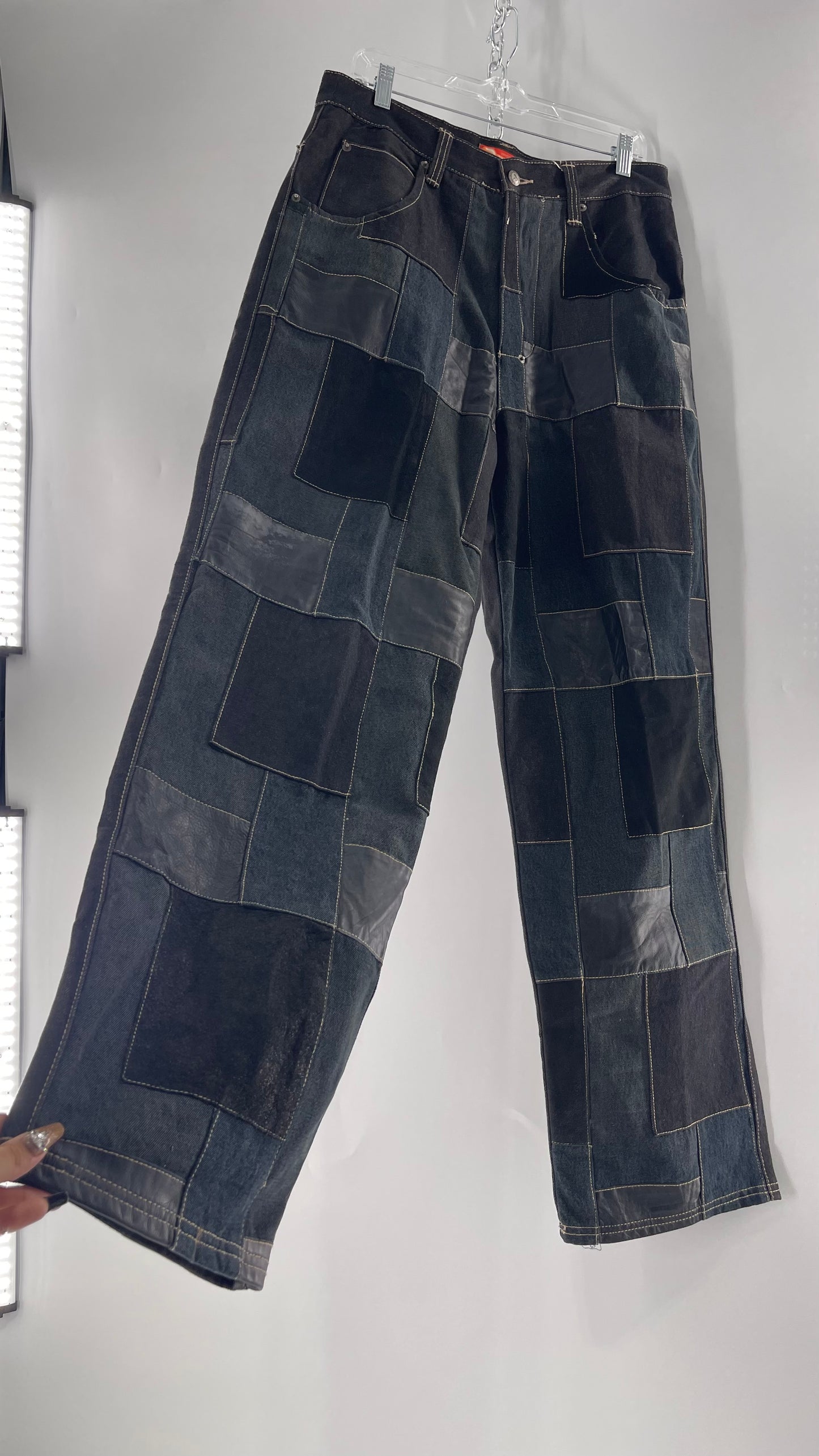 Vintage Original Davoucci Dark Wash Denim with Suede Leather Checker Patchwork Front (34x33)