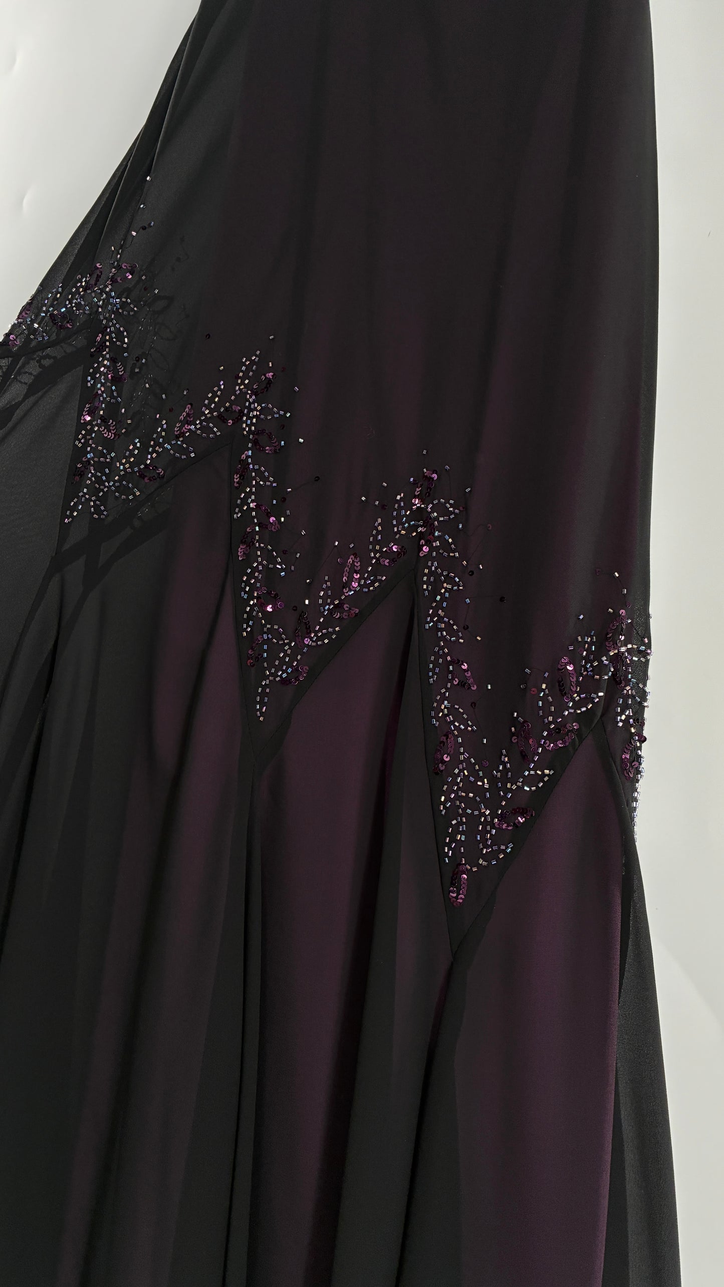 Vintage XSCAPE Full Length Black Beaded Gown with Purple Underlay (4)