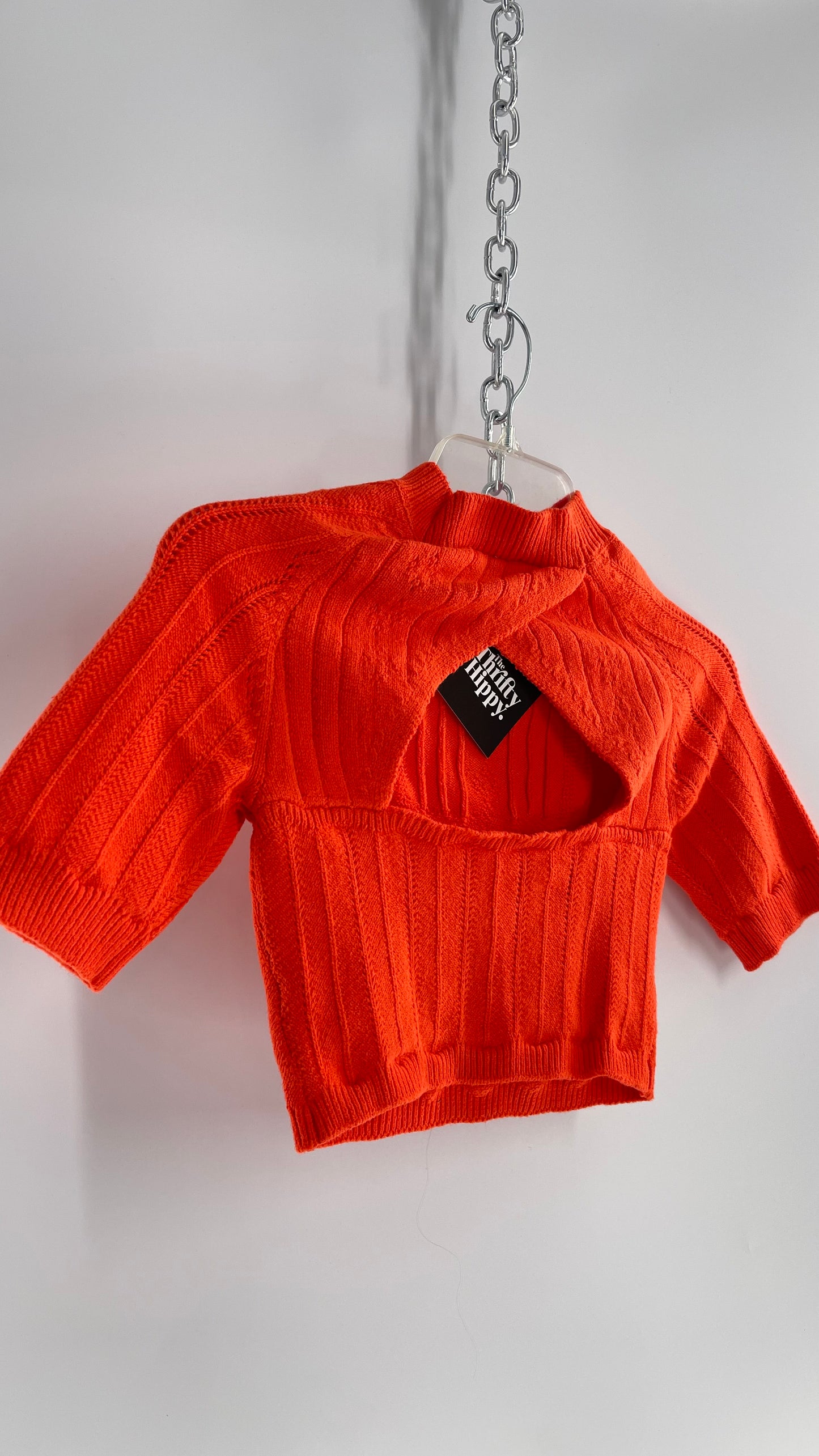 Free People Orange Knit Mock Neck Sweater with Keyhole Open Back (Small)
