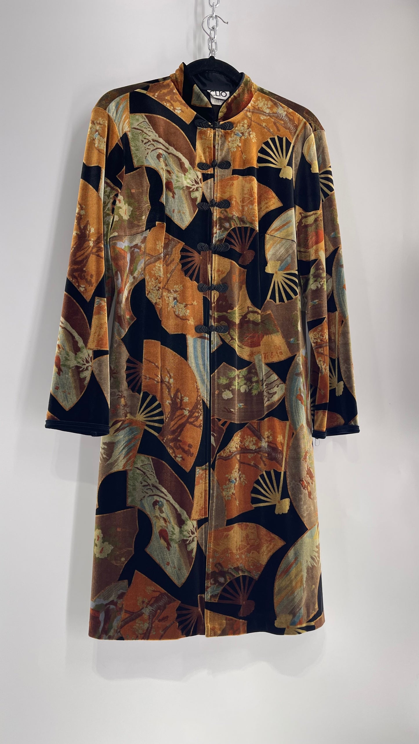 Vintage CLIO 1990s Black Velvet/Velour Fan Patterned Duster Coat (Medium)