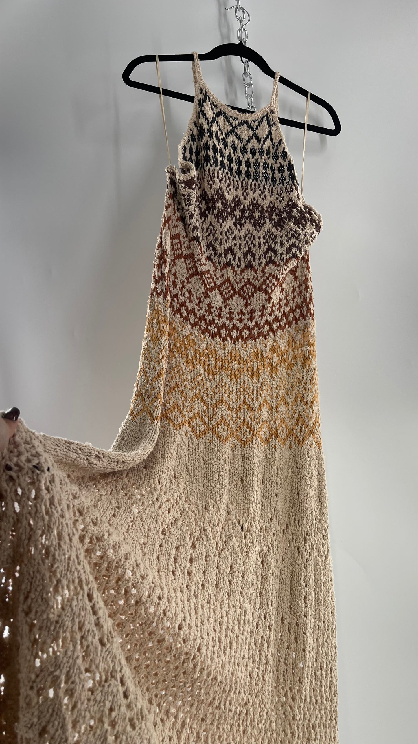 Free People Beige Ikat Oasis Knit Halter Maxi Dress (Small)