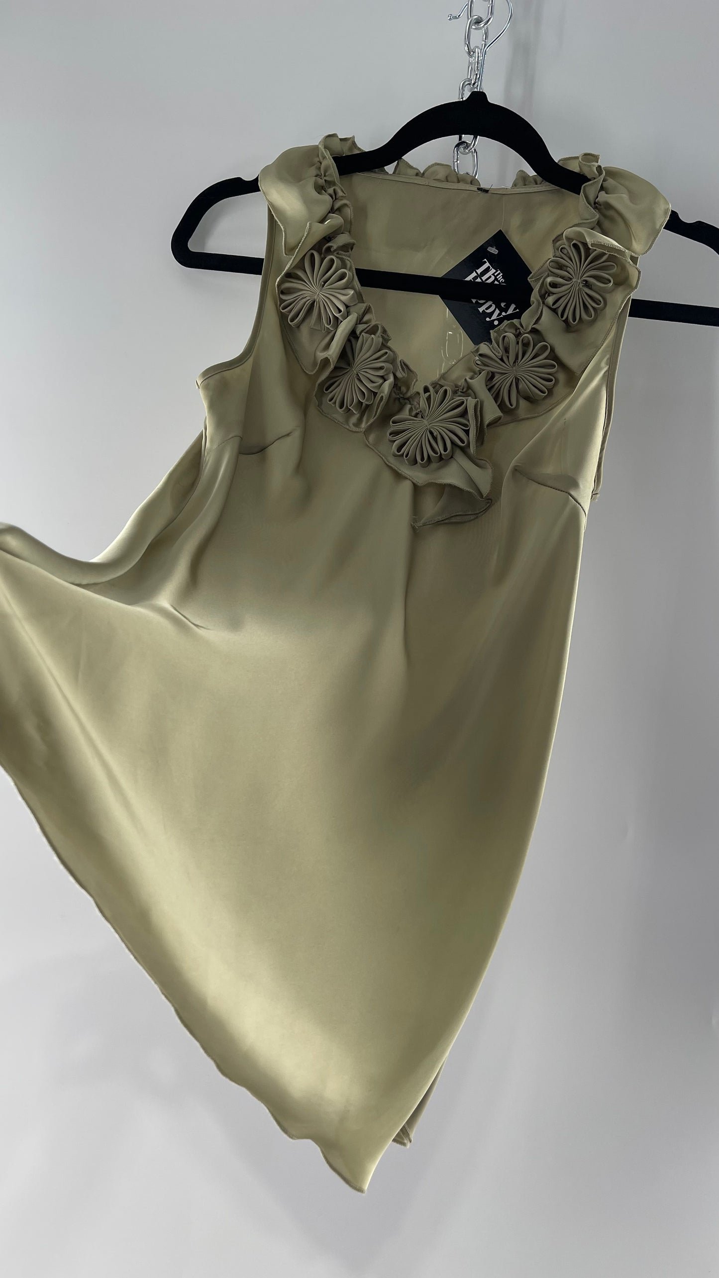 Sage Green Silky Sleeveless Tunic with Rosettes (Medium)