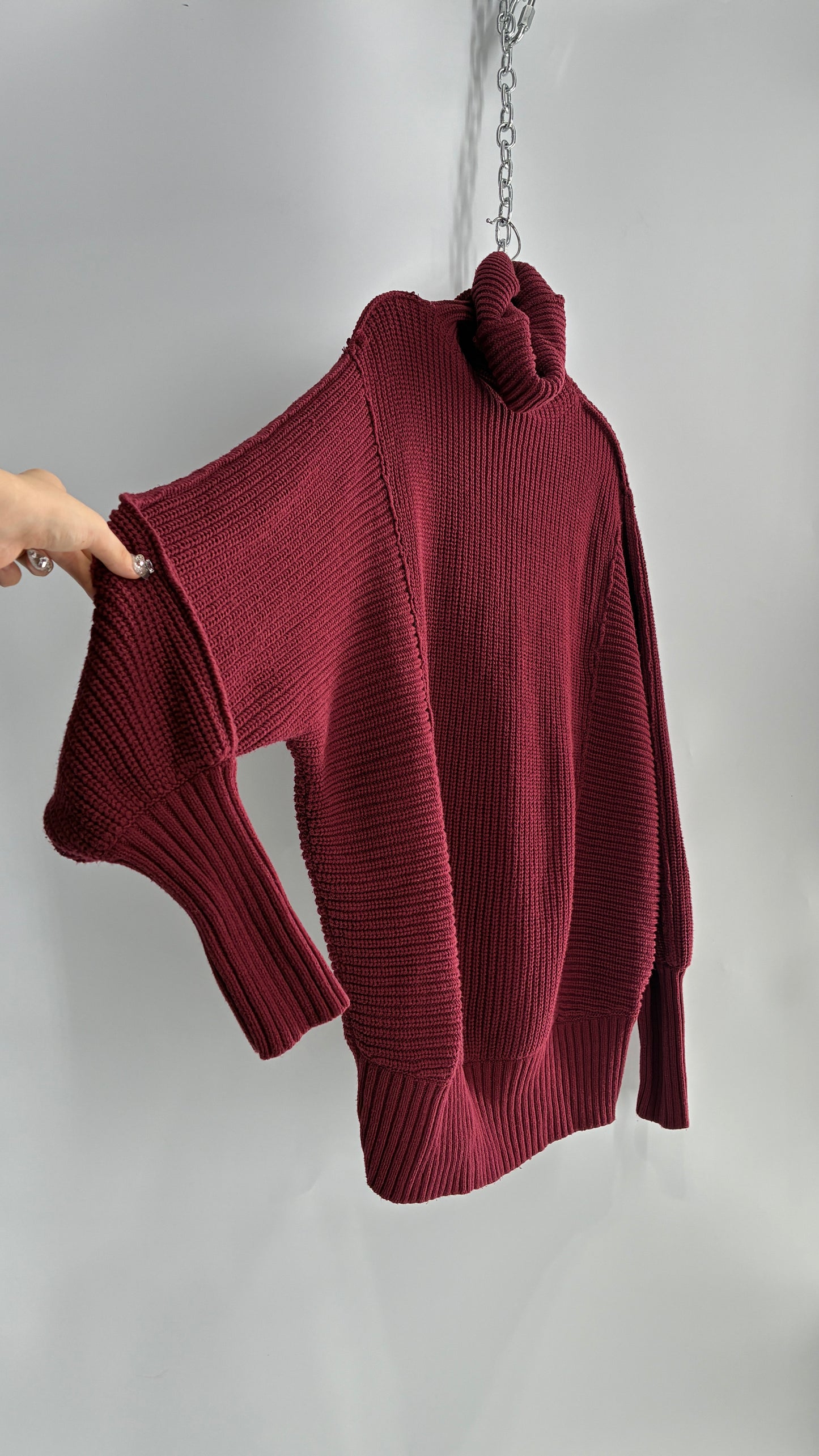 Free People Oversized Heavy Thick Knit Maroon Turtle Neck Sweater (Large)