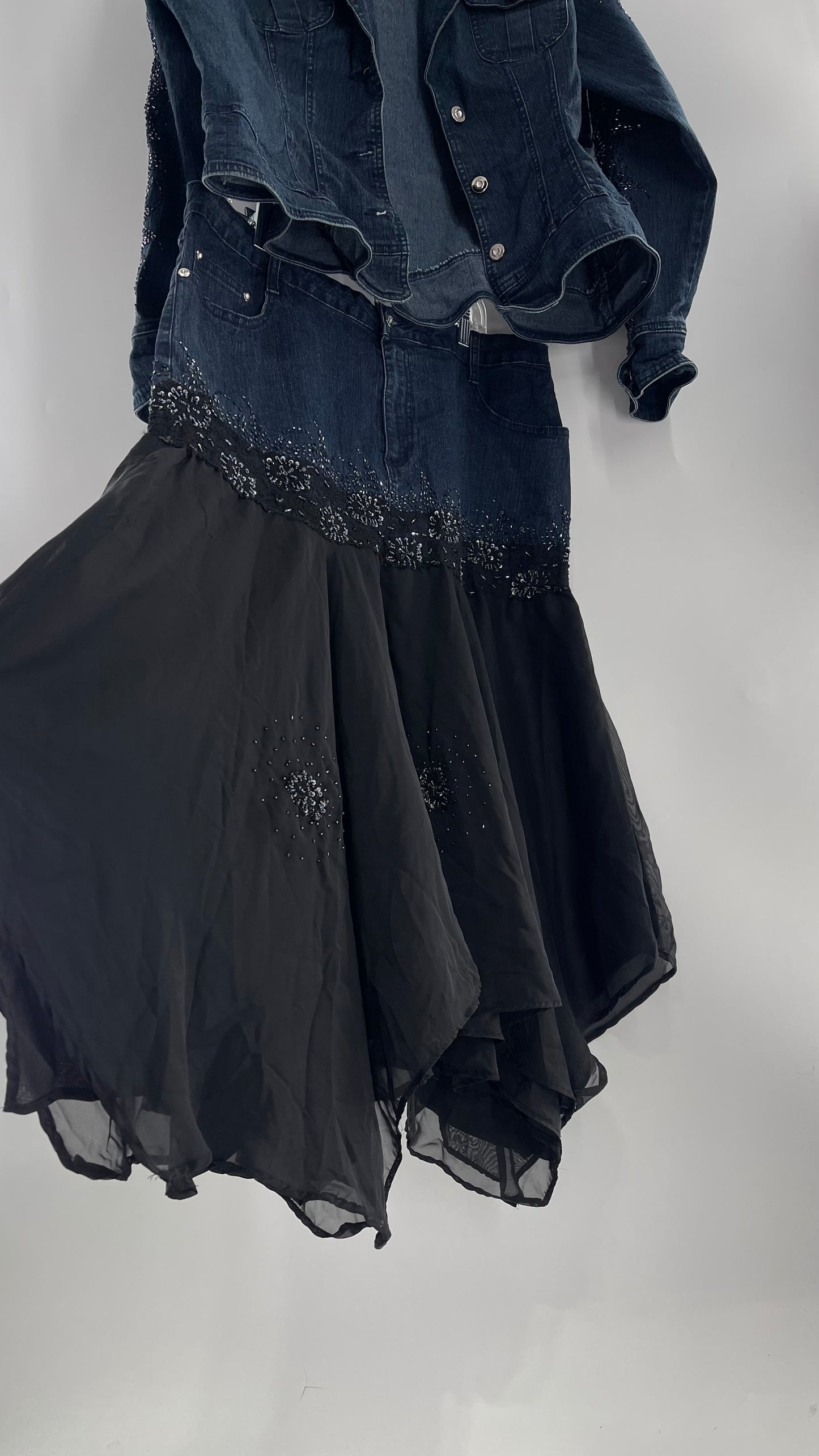 Vintage Ashley Stewart Denim Skirt and Button Up Set with Black Embroidered and Beaded Lace Details + Handkerchief Skirt (16W)
