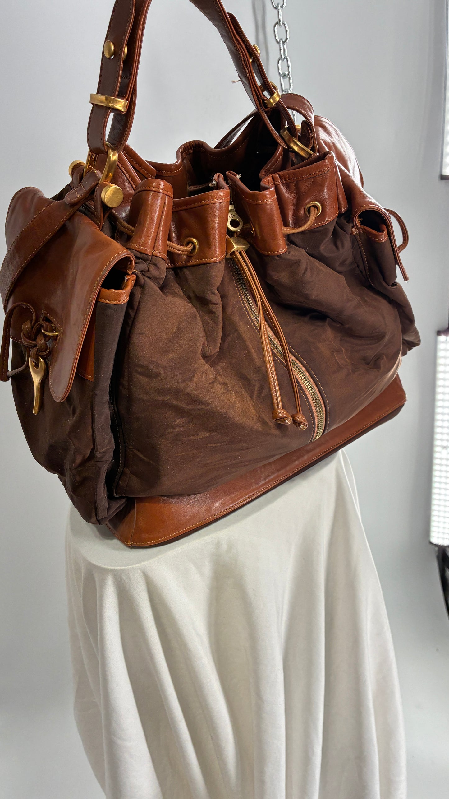 Vintage DONNA KARAN DKNY Oversized XL Brown Zip Front Bag with Leather Details