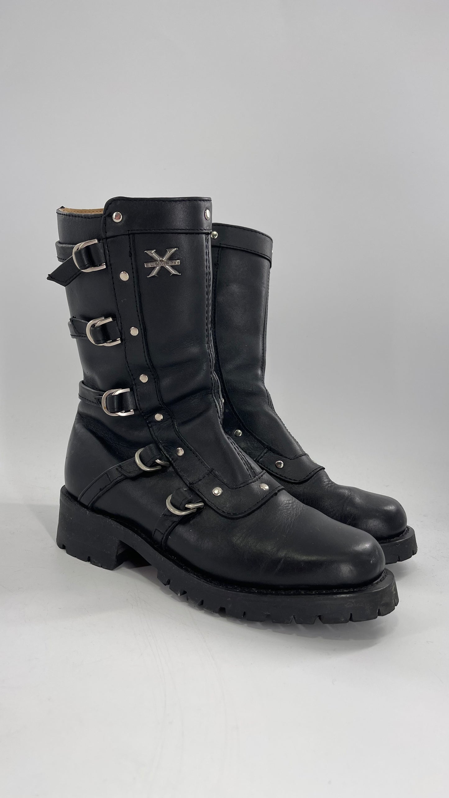 Vintage 1990s XELEMENT Buckle Side Genuine Leather Steam Punk Boots (Women’s 8.5)