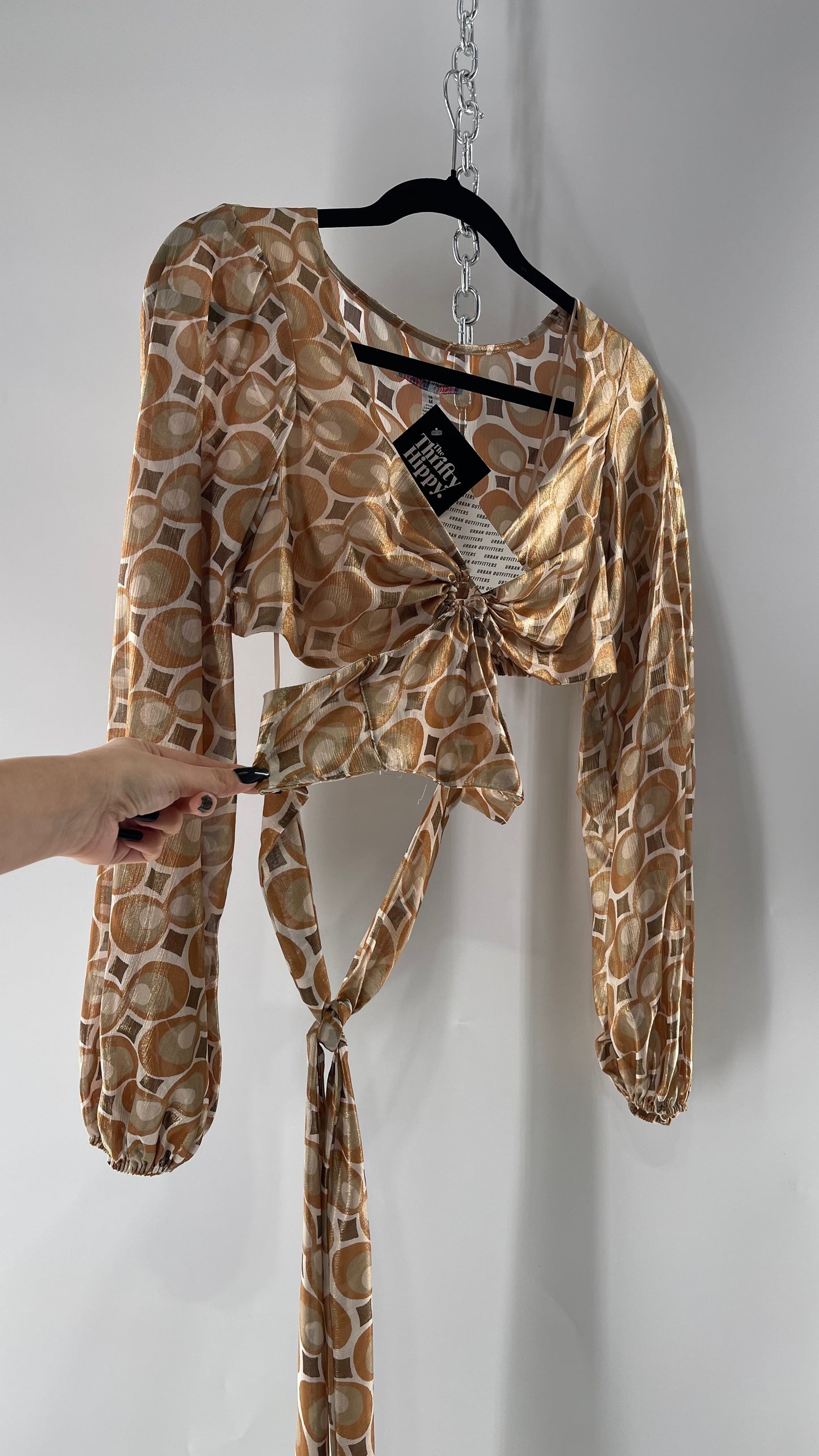 Urban Outfitters Shimmer Top Balloon Sleeve Gold Retro Print Cut Out Tie Around Blouse (Medium)