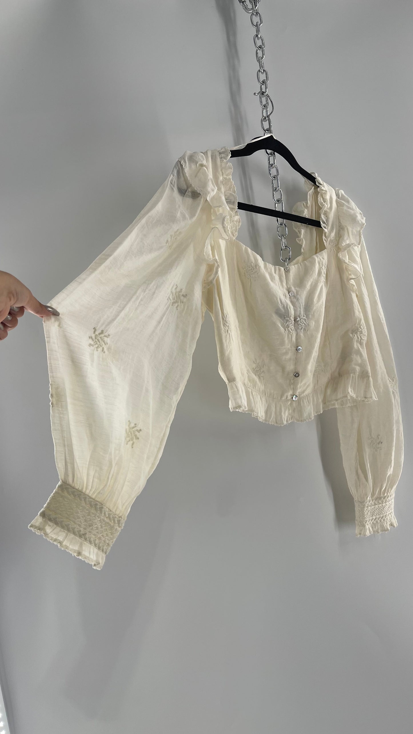 Free People White Cotton Bubble Sleeve Blouse with Embroidered Details (Medium)