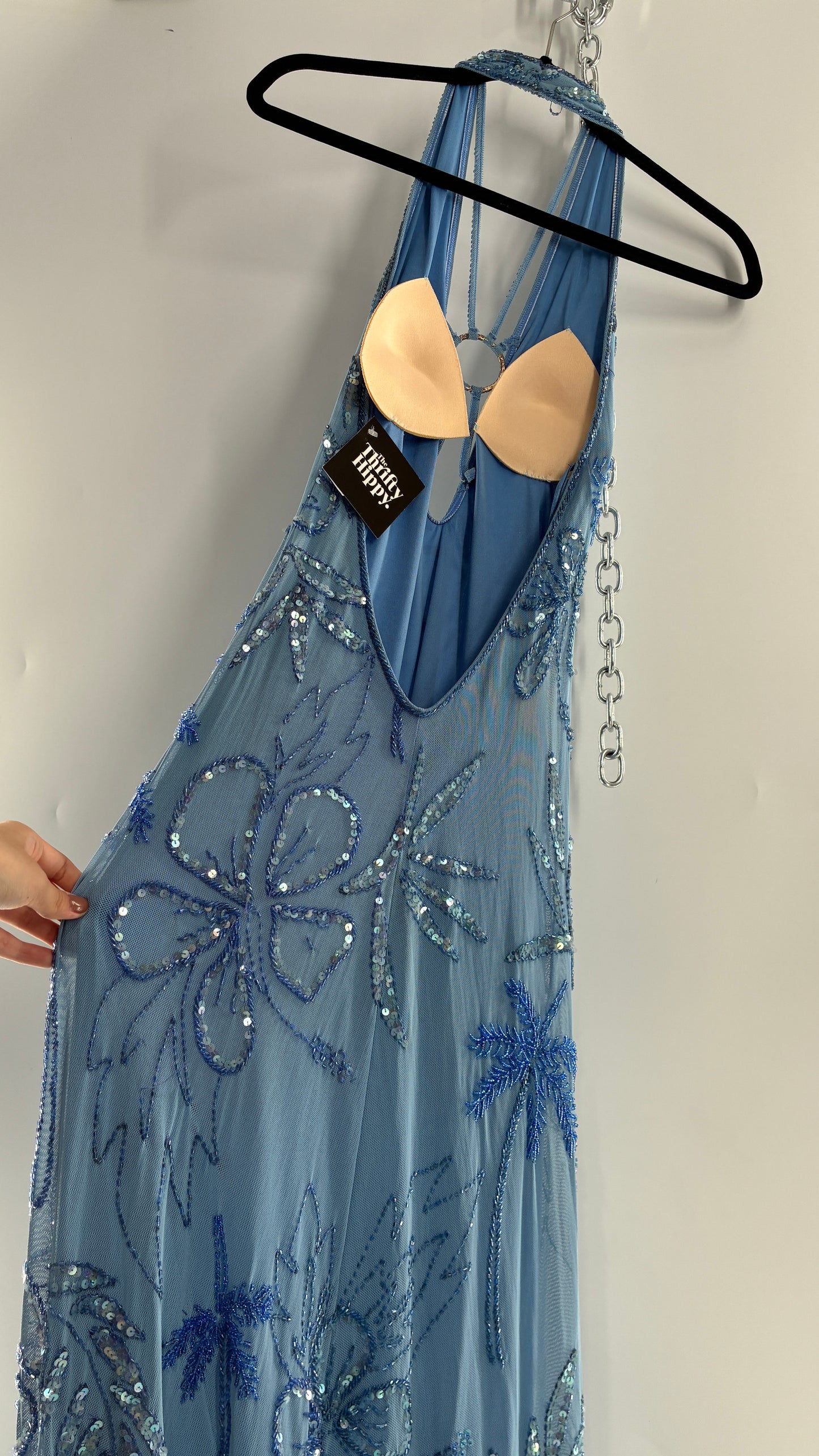 Vintage 1990s Powder Blue Gown Covered in Beaded Appliqué Tropical Designs with Strappy Bust and Low, Open Back (S/M, stretchy no size marked)