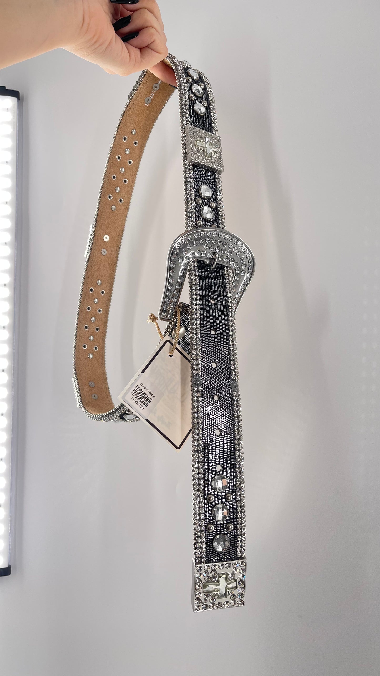 Free People Dark Silver Metallic Snake Print Belt covered in Crystal Embellishments and Heavy Metal Crosses (M)