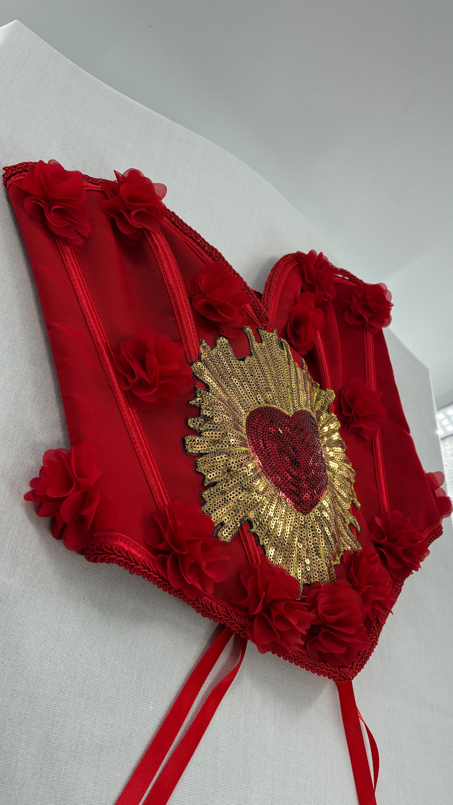 Red Handmade Corset with Rosette Appliqués and Sequin Heart Design (Small)
