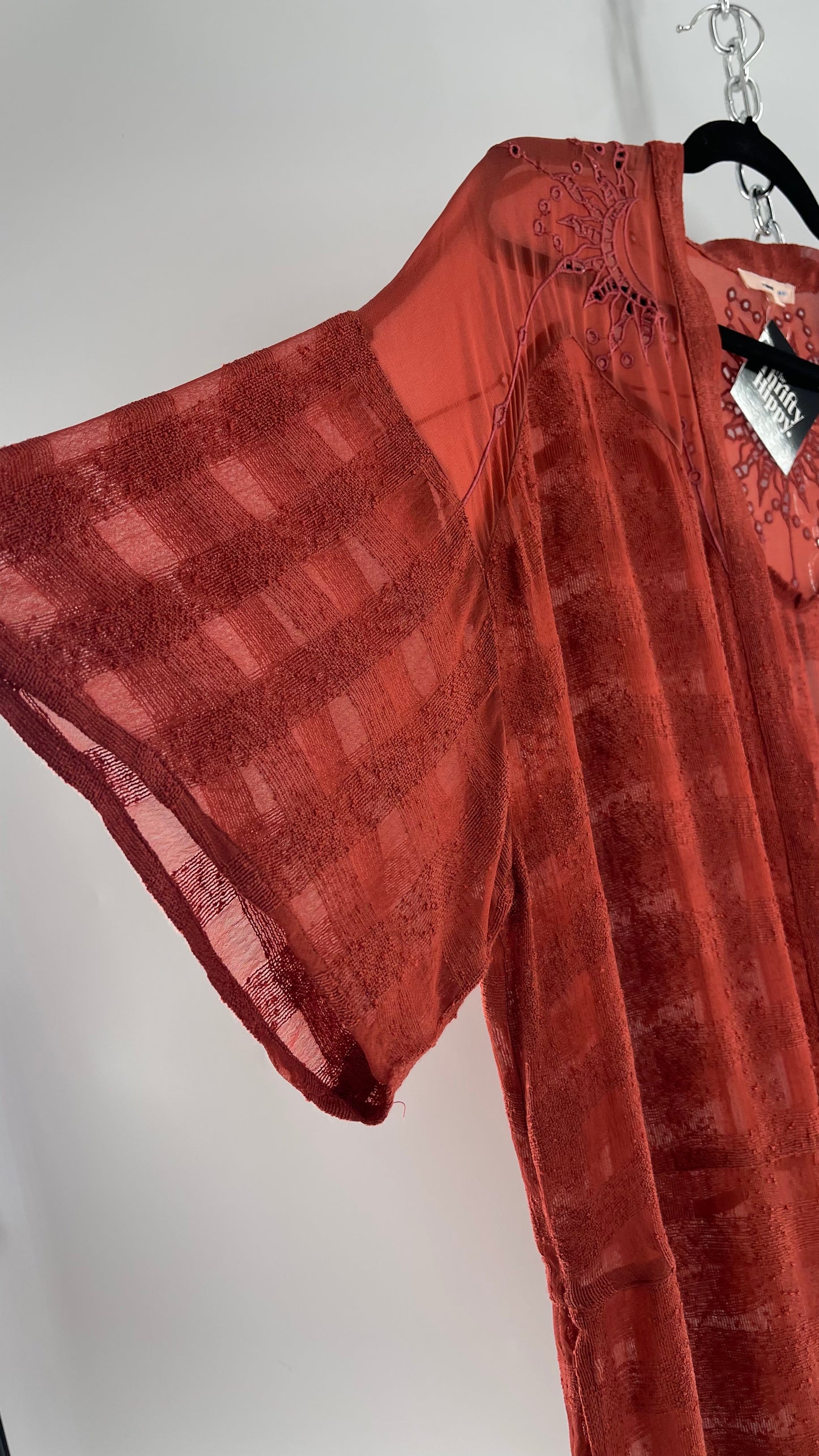 NFO Anthropologie Burnt Orange Cape With Embroidered Solstice Sun and Crescent Moon Designs (One Size)