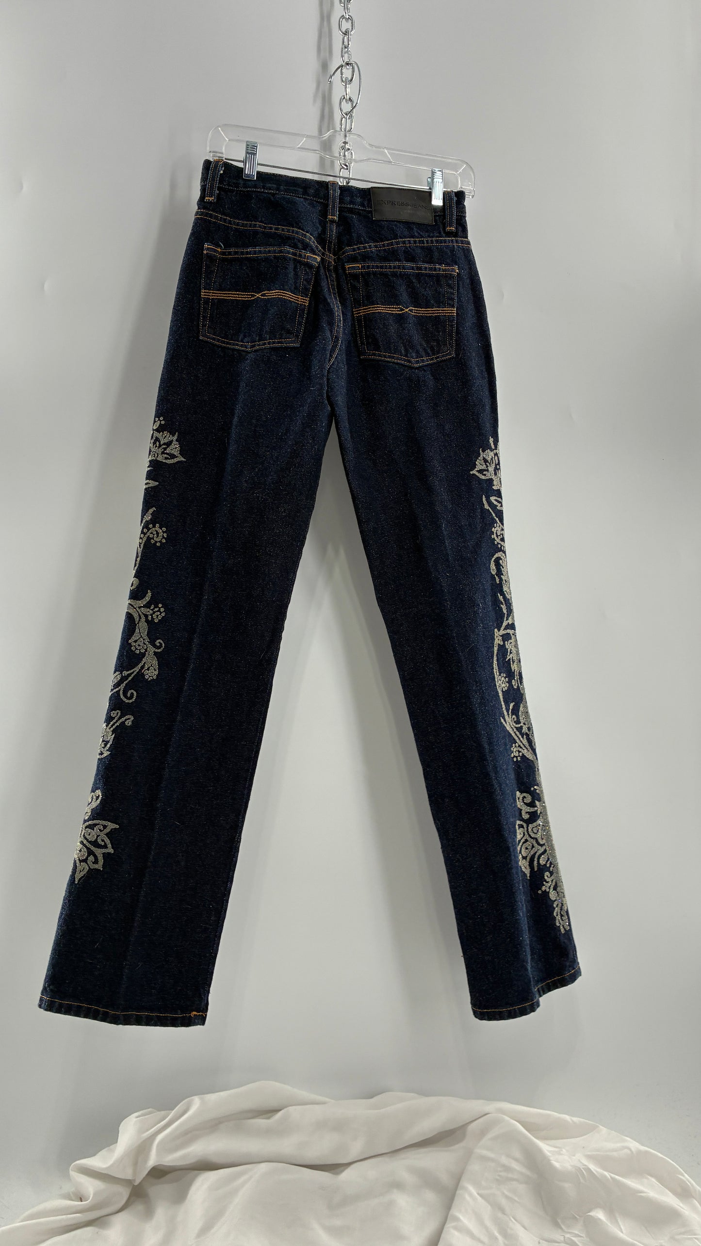 Vintage EXPRESS JEANS Dark Wash with Iridescent, Embellished, Textured Design Running Down Pant Leg (3/4)