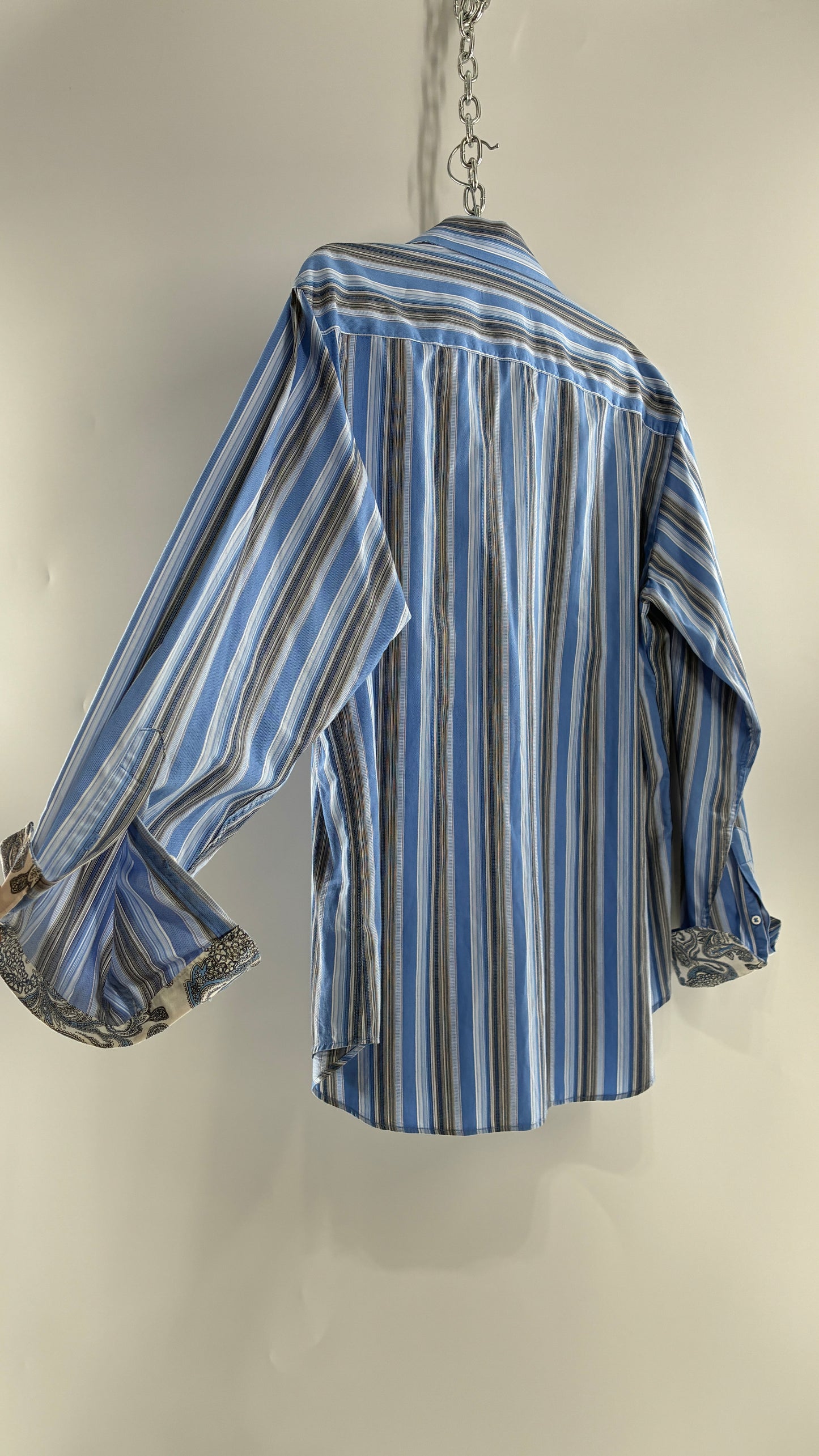 Vintage 1990s Bugatchi Men’s Blue Striped Button Up with Paisley Cuffs (Large)