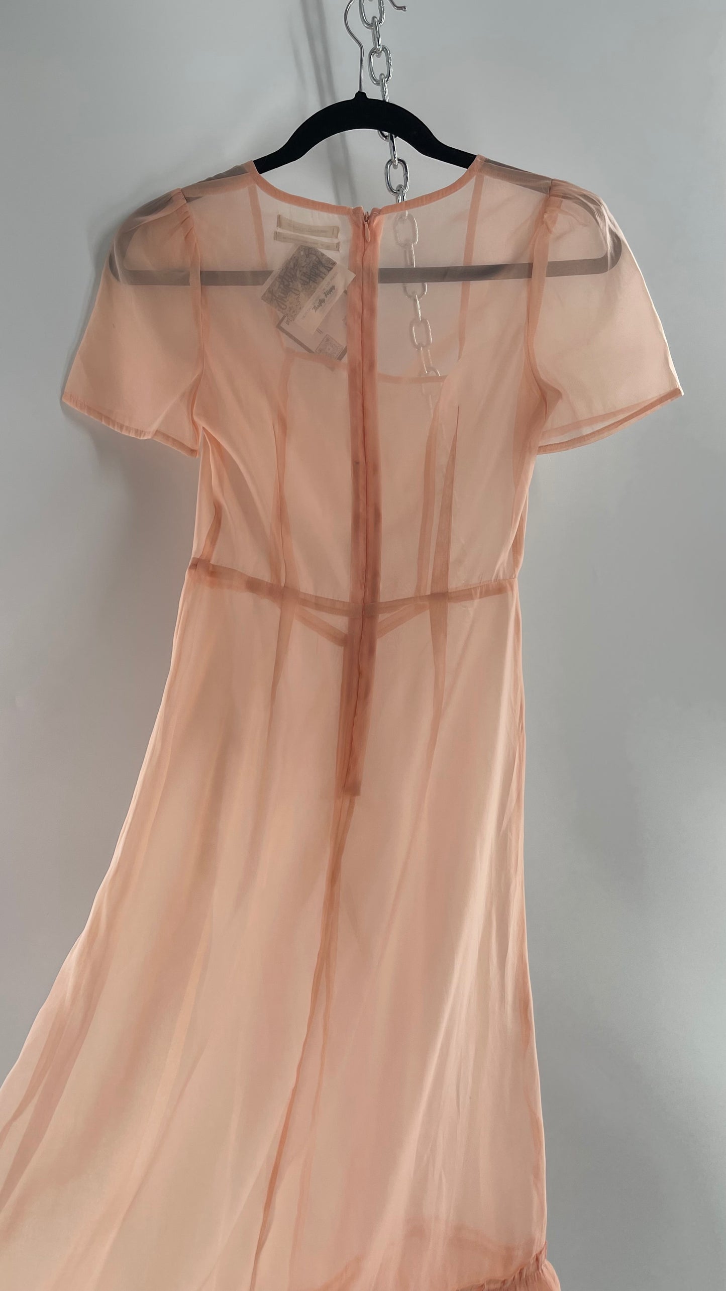 Urban Outfitters Pink/Peach Voile Vintage Inspired MIDI Dress with Ruffled Hem (XS)