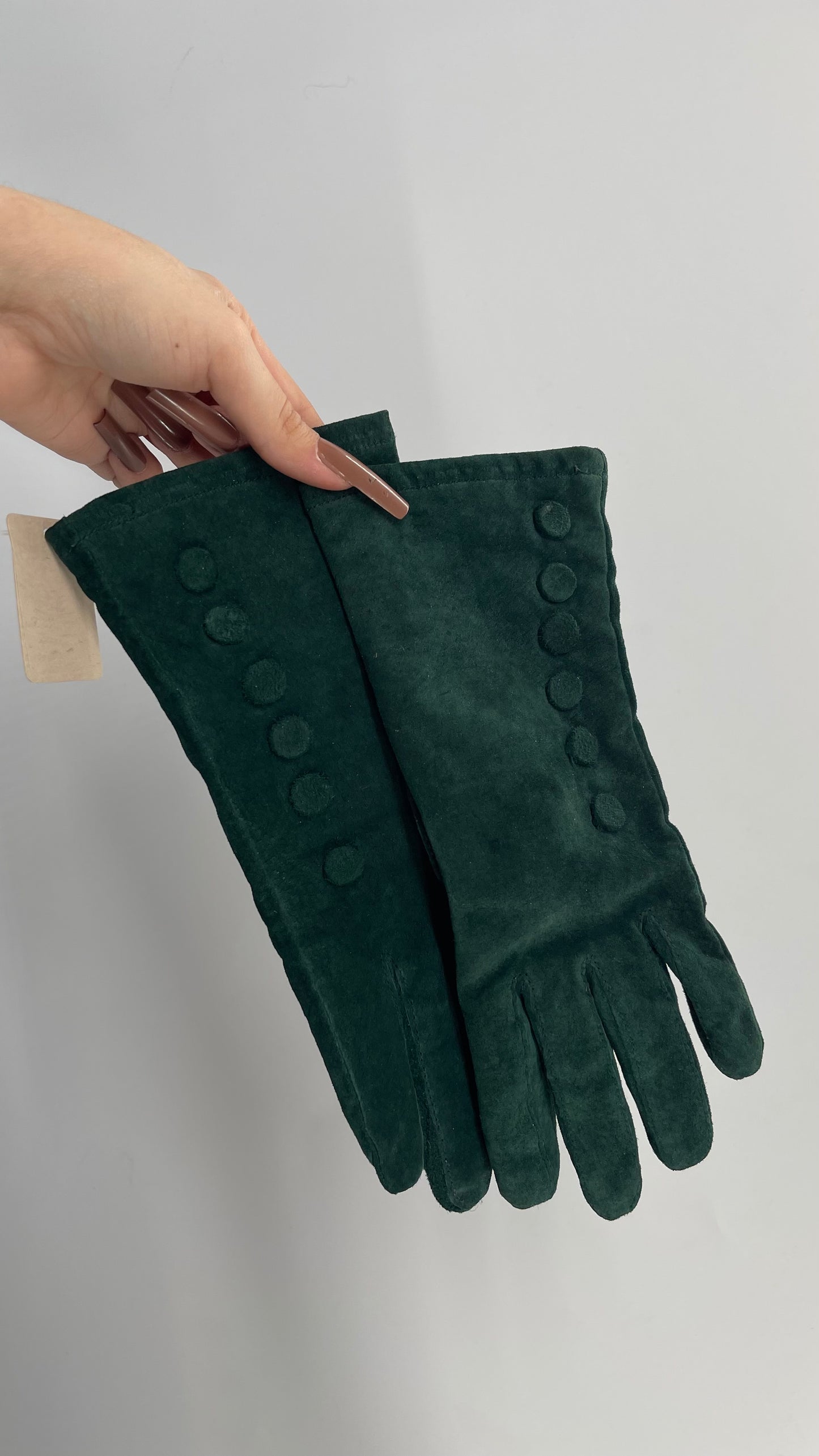Vintage Green Suede Leather Button Side Gloves