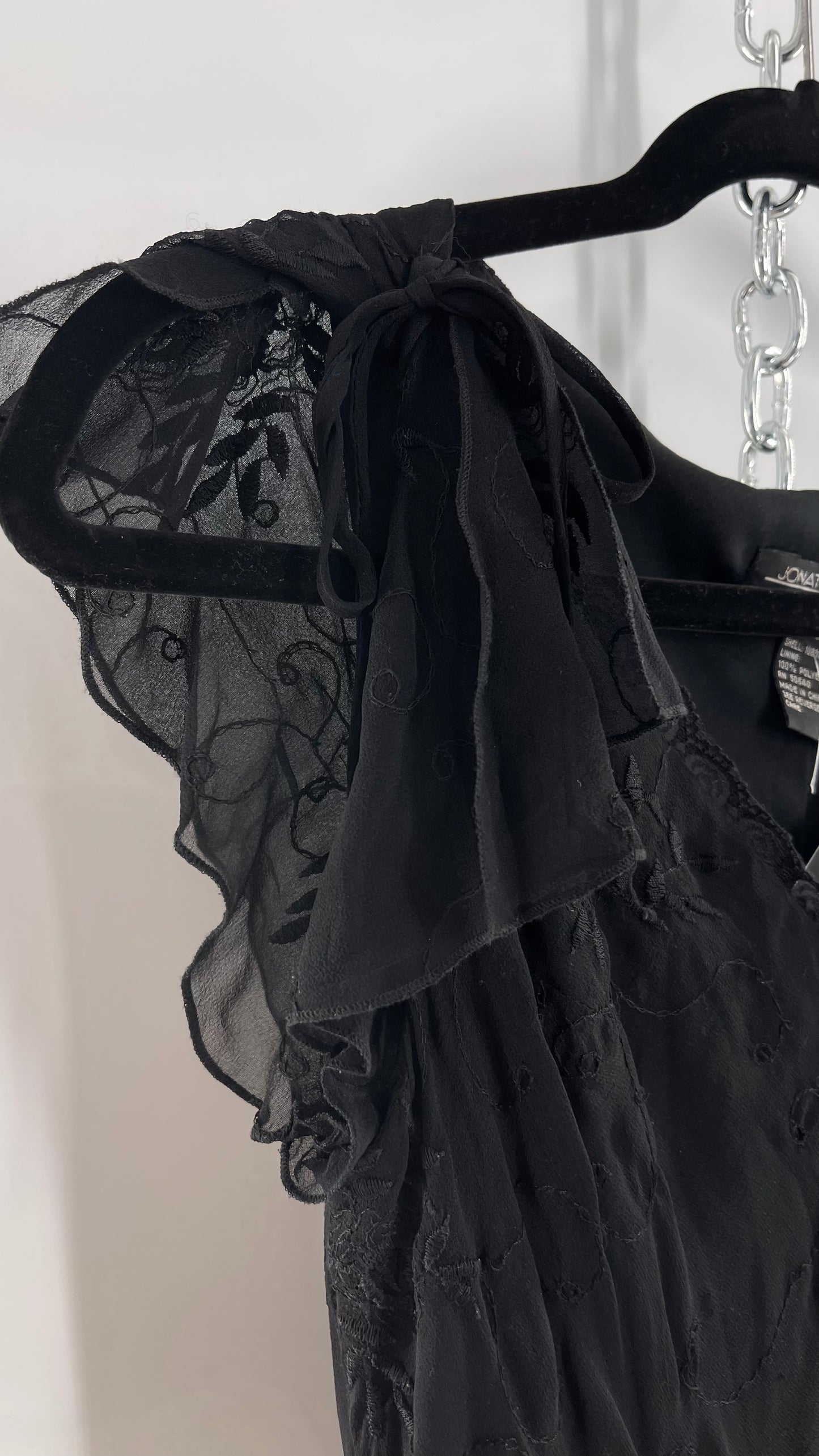 Vintage Jonathan Martin 100% Silk Black Embroidered MIDI Dress with Tie Shoulder Detail (10)