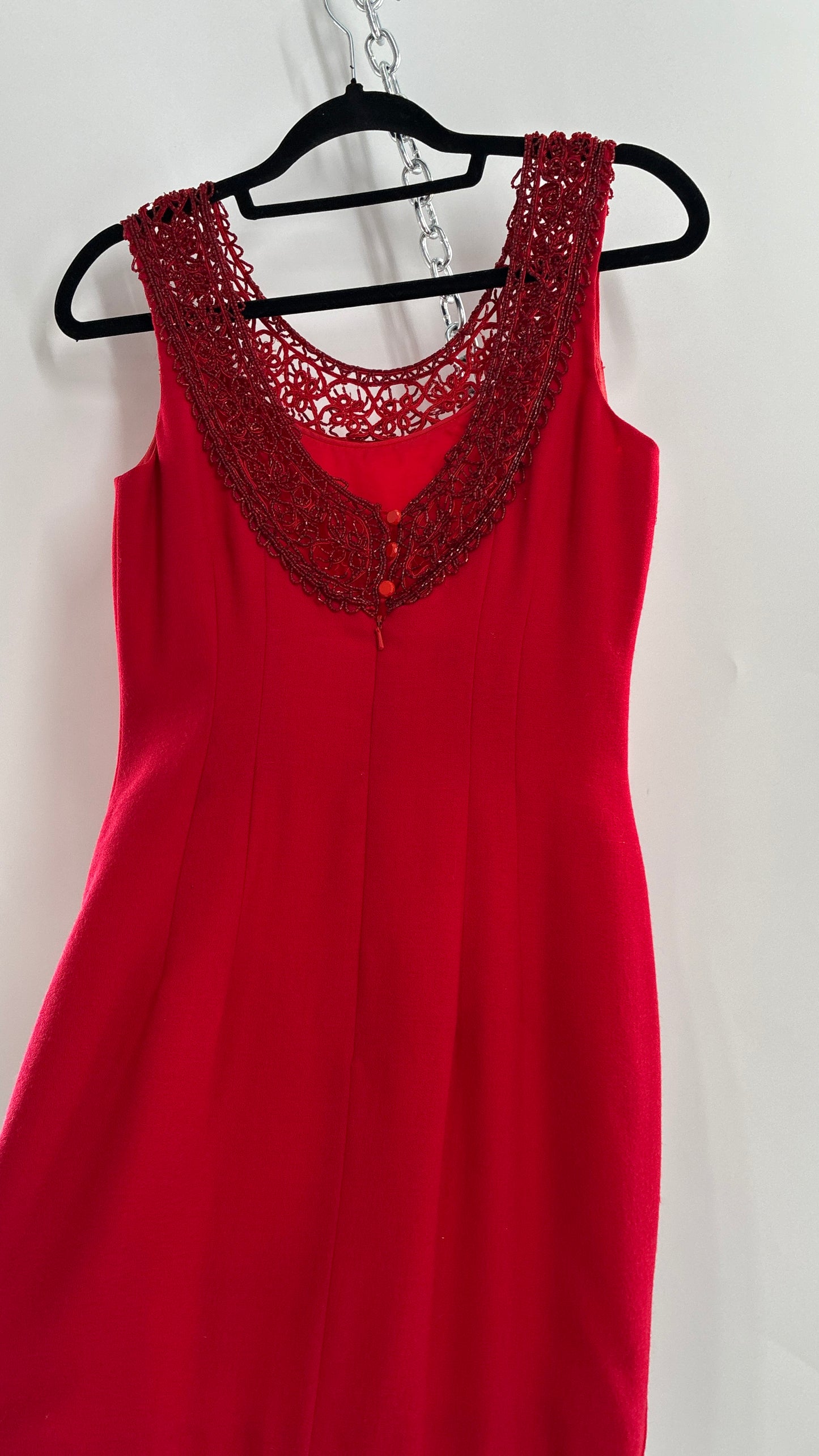 Vintage CARMEN MARC VALVO Red 100% Fitted, Tailored Wool Dress with Beaded Hem and Neckline (6)