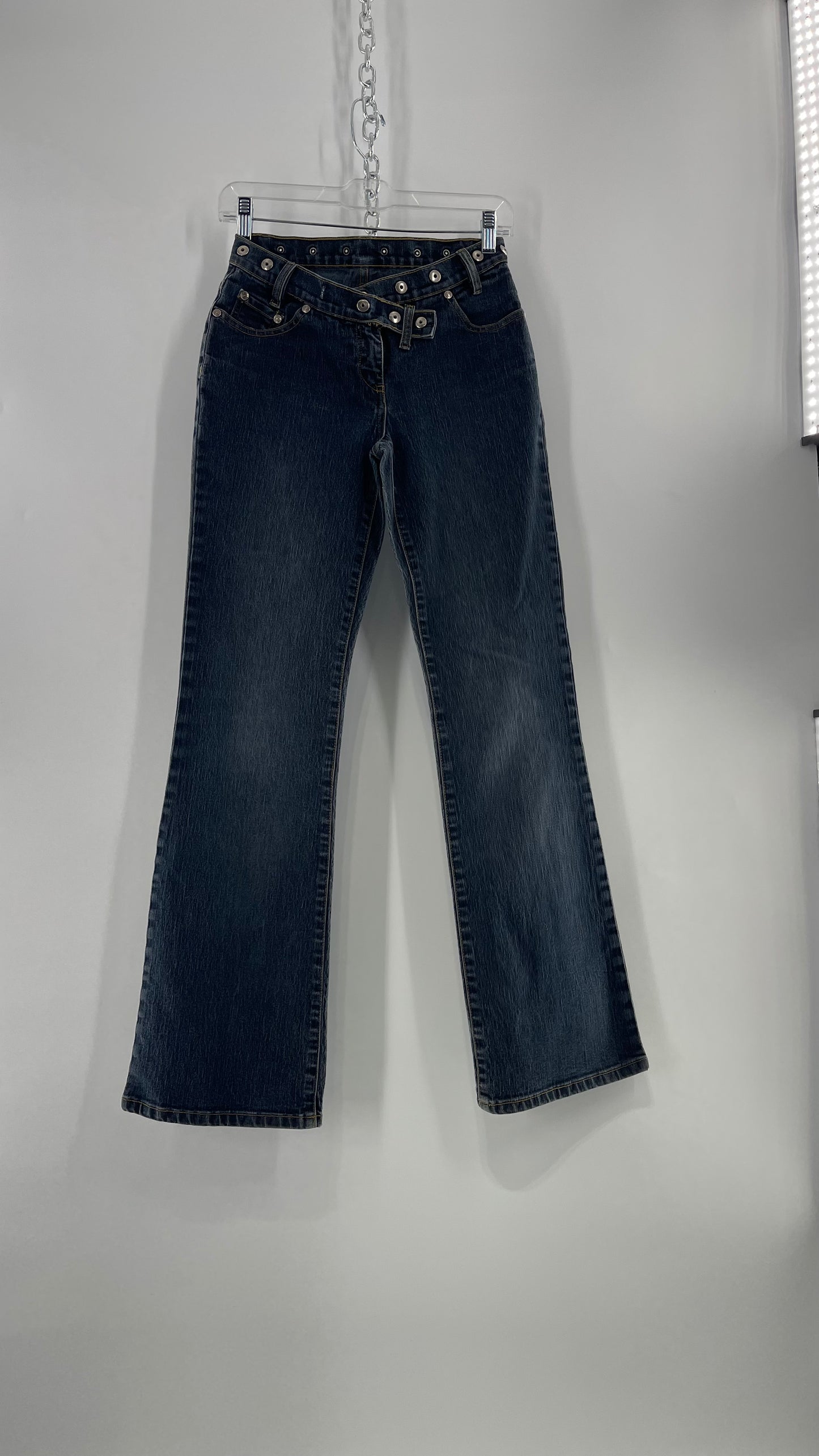 Vintage No Boundaries Grayed Jean Kickflares with Silver Metal Studded Waistline (3)