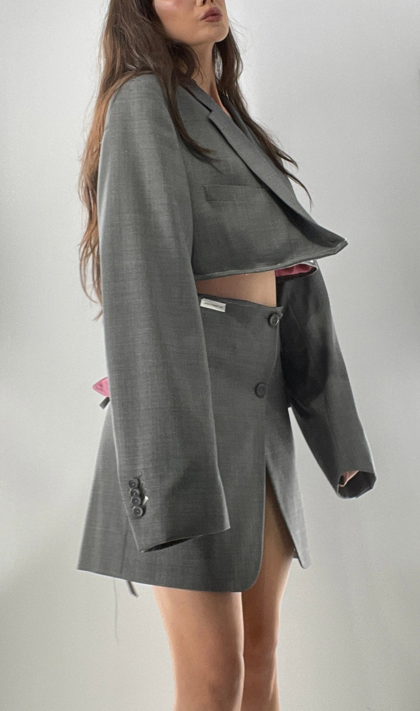 Custom Handmade Gray 2Piece Suit Set with Pink Satin Lining, Cropped Blazer, and Corseted Skirt (S-L)