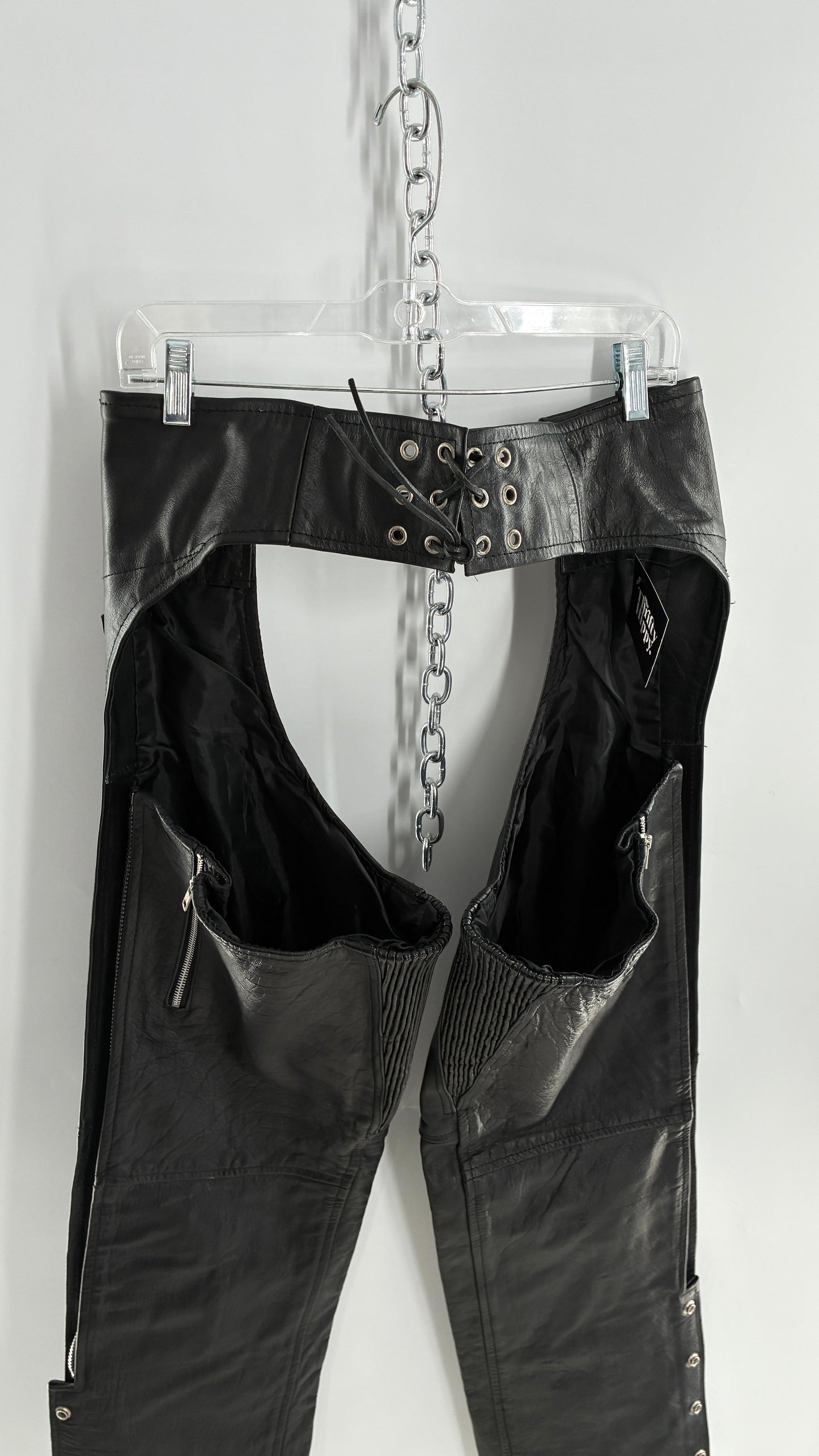 Vintage Xelement Black Genuine Leather Motorcycle Chaps with Side Zipper and Button Closure (34)
