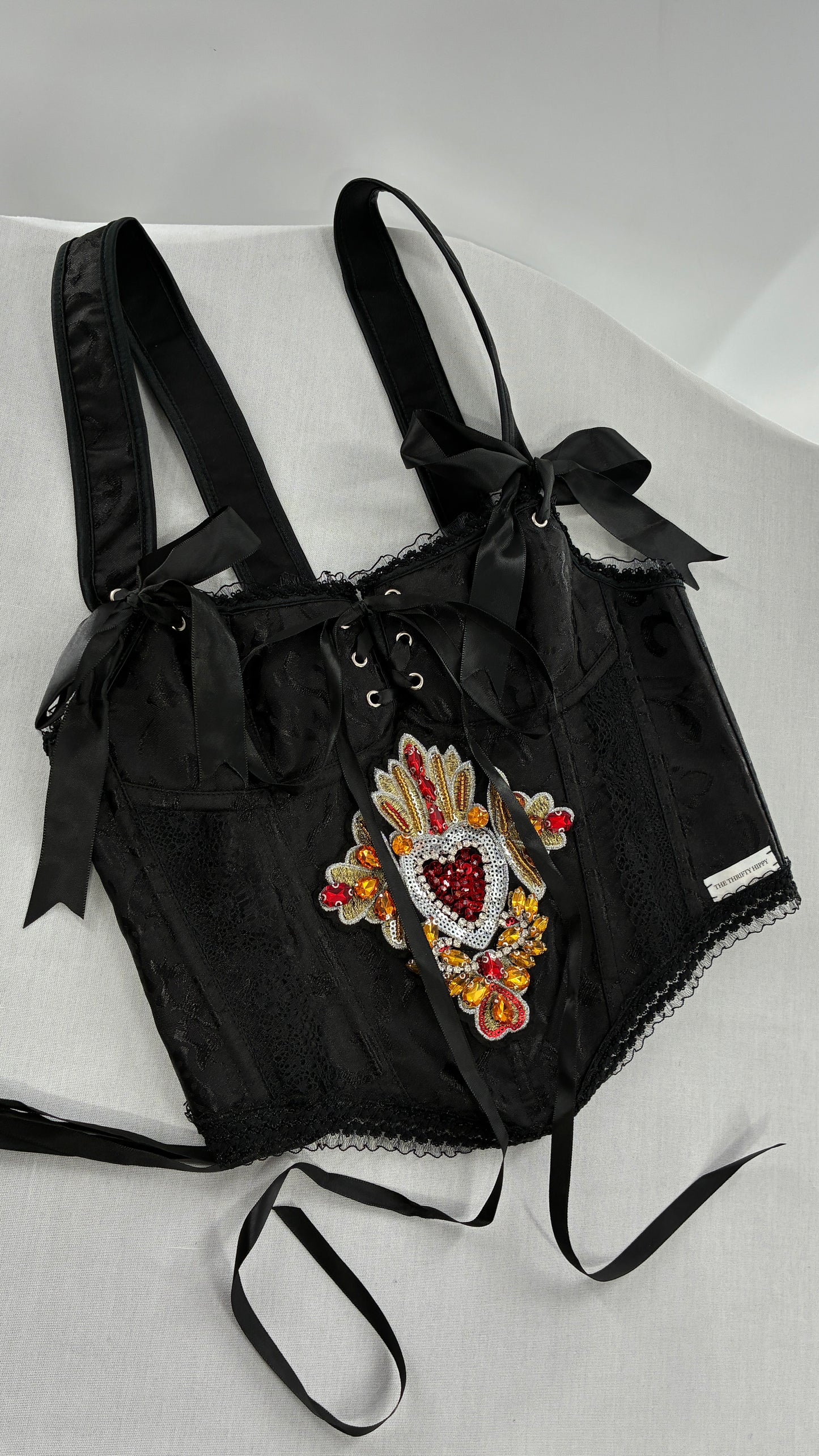 Custom Black Jacquard Corset, Handmade with Heart Appliqué, Bows, Embroidery, Gemstones, Lace and Ruffles (S/M)
