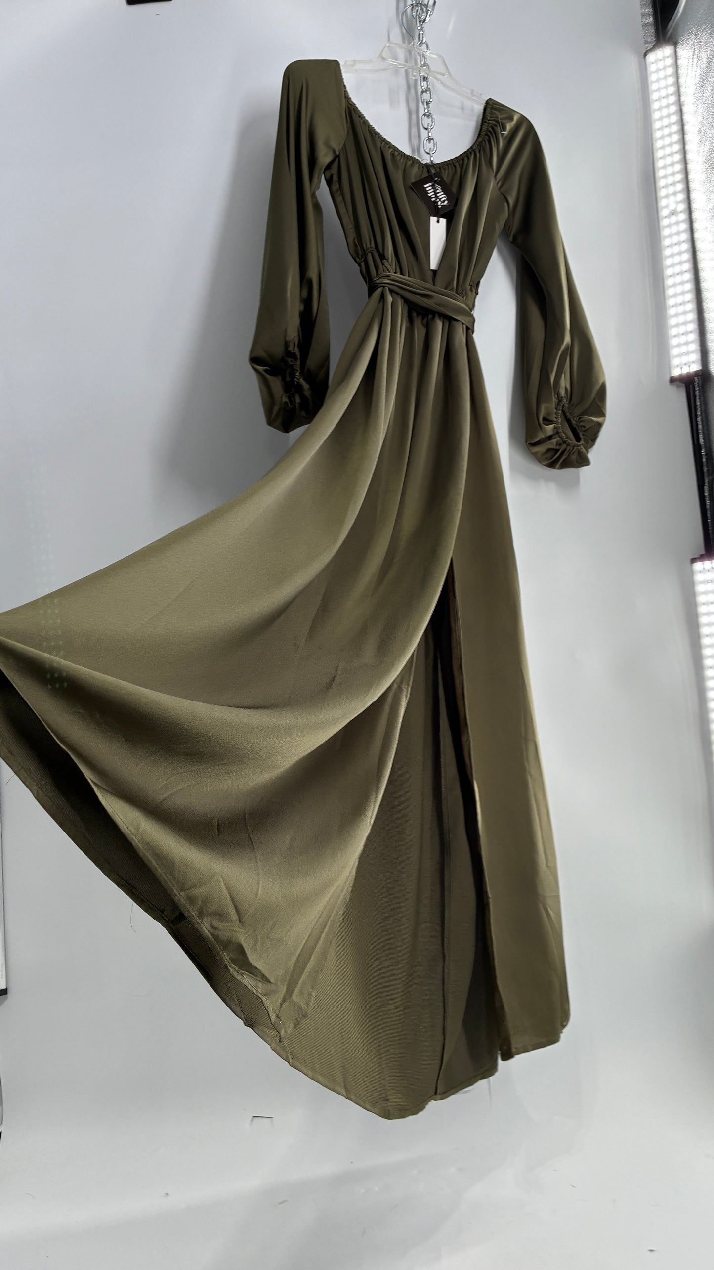 Dress Day Army Green Silky Balloon Sleeve Full Length Gown with Slit and Tags Attached (Medium)