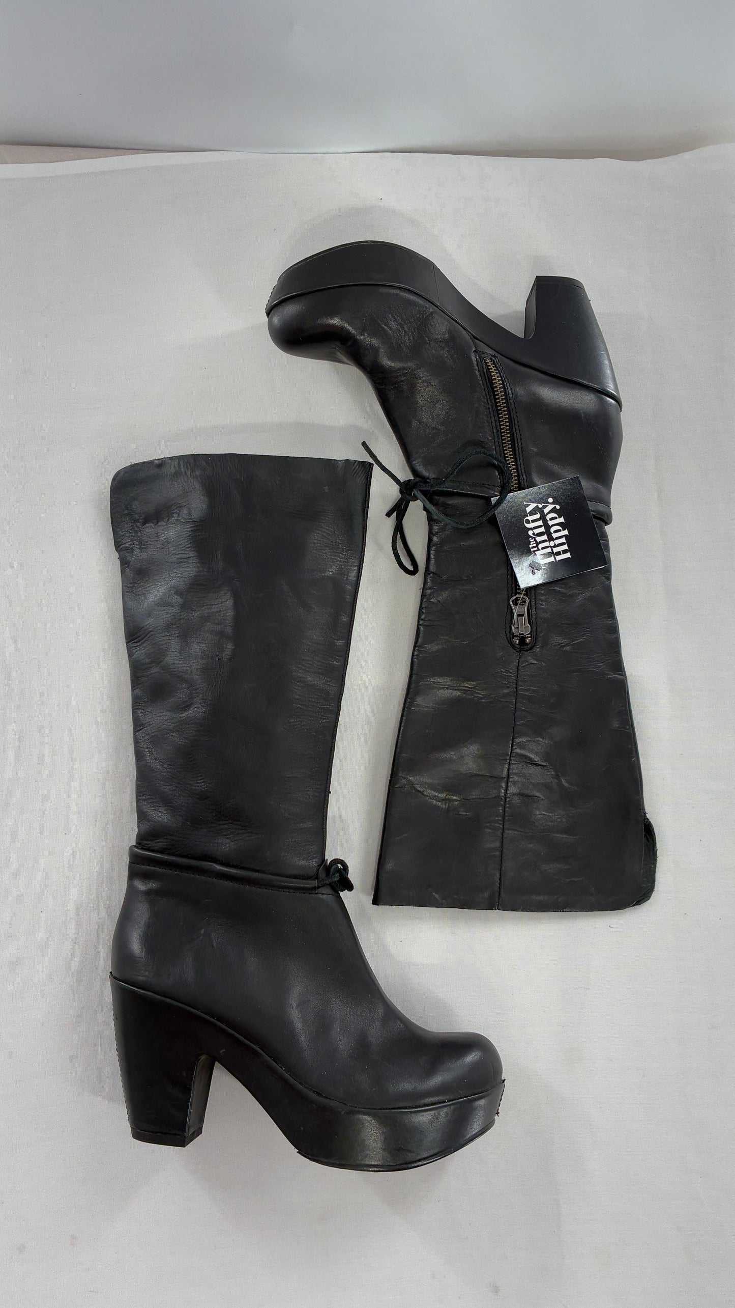 Vintage KORK EASE Black Genuine Leather Platform Clog, Knee High Boots (8/39)