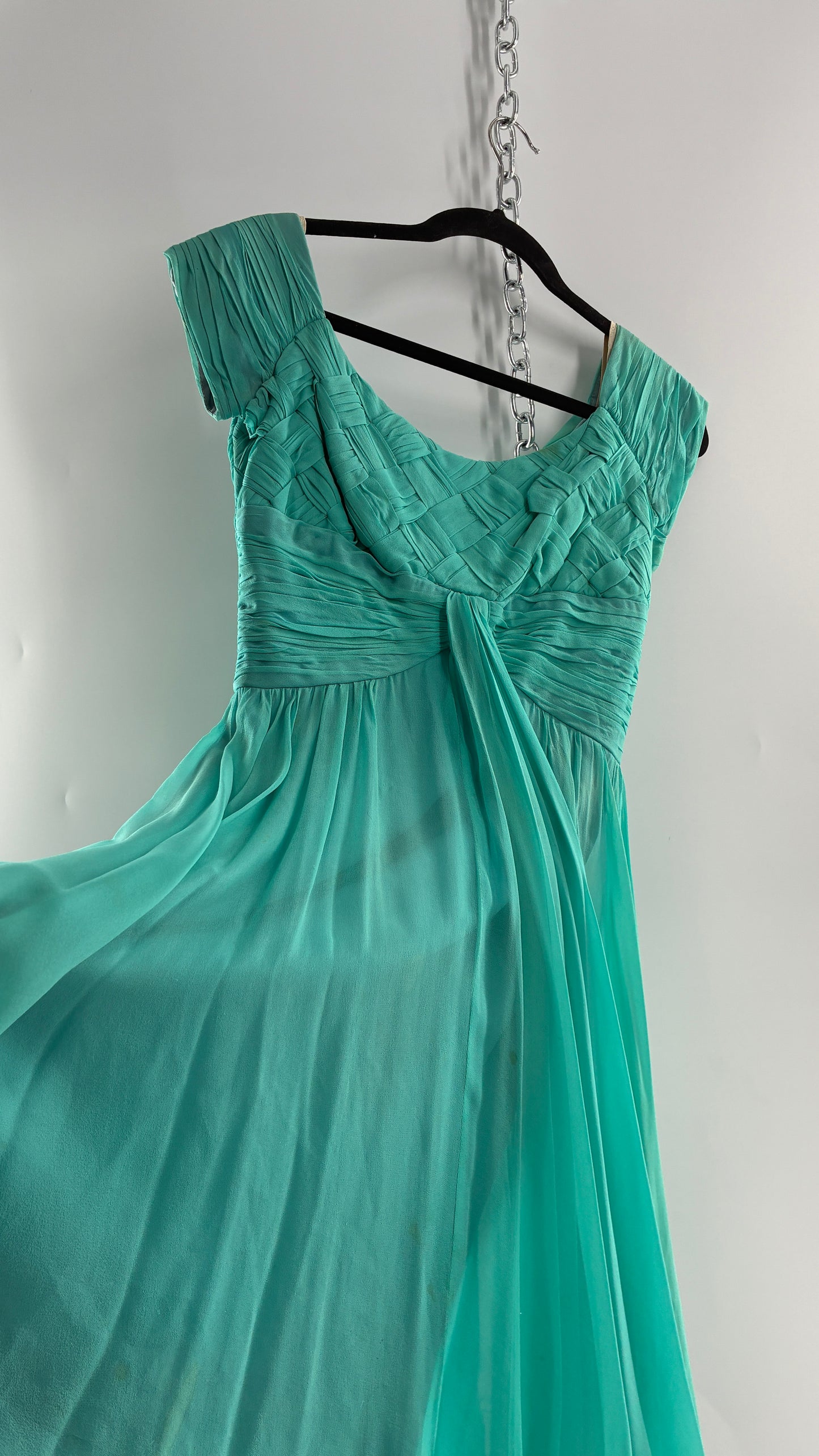 Vintage Teal Handmade Mini Dress with Pleated Basket Woven Bust (XS)