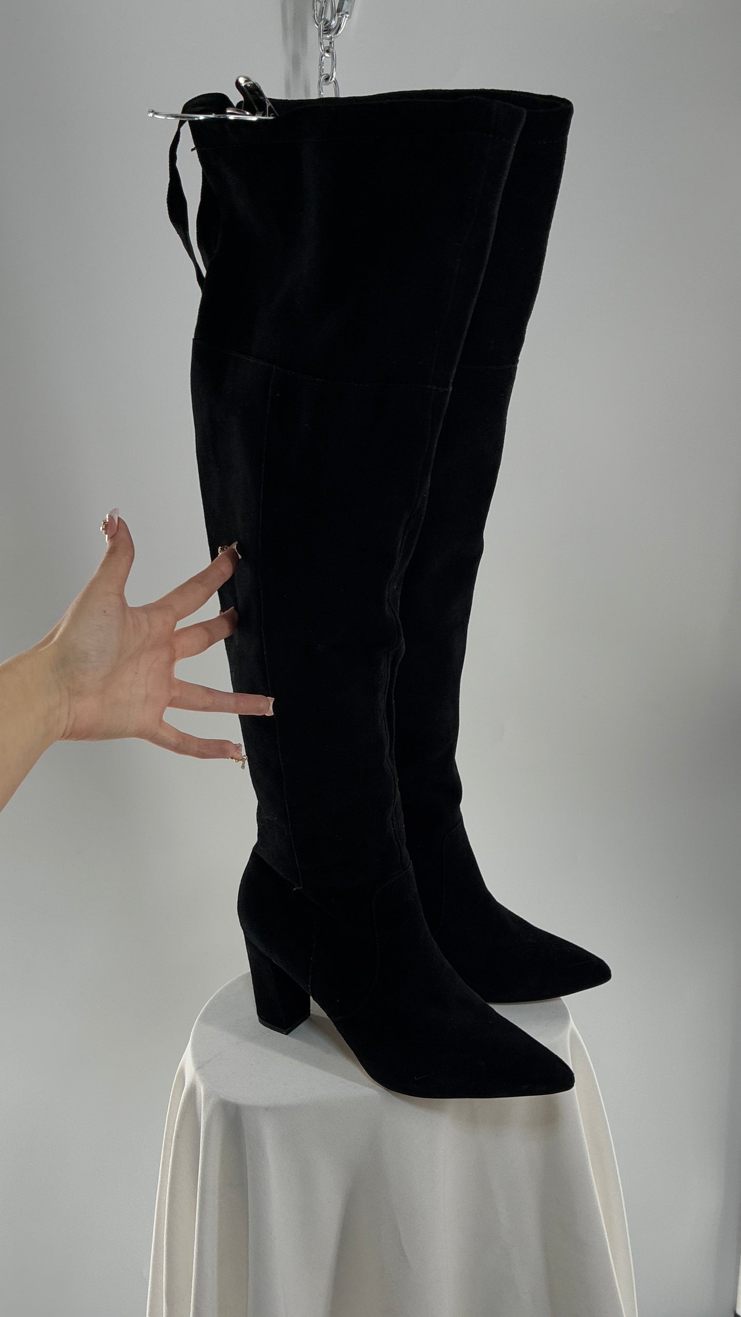 Vintage Black Genuine Suede ADRIENNE VITADINI Thigh High Pointed Toe Boots with Stud Detailing (10)