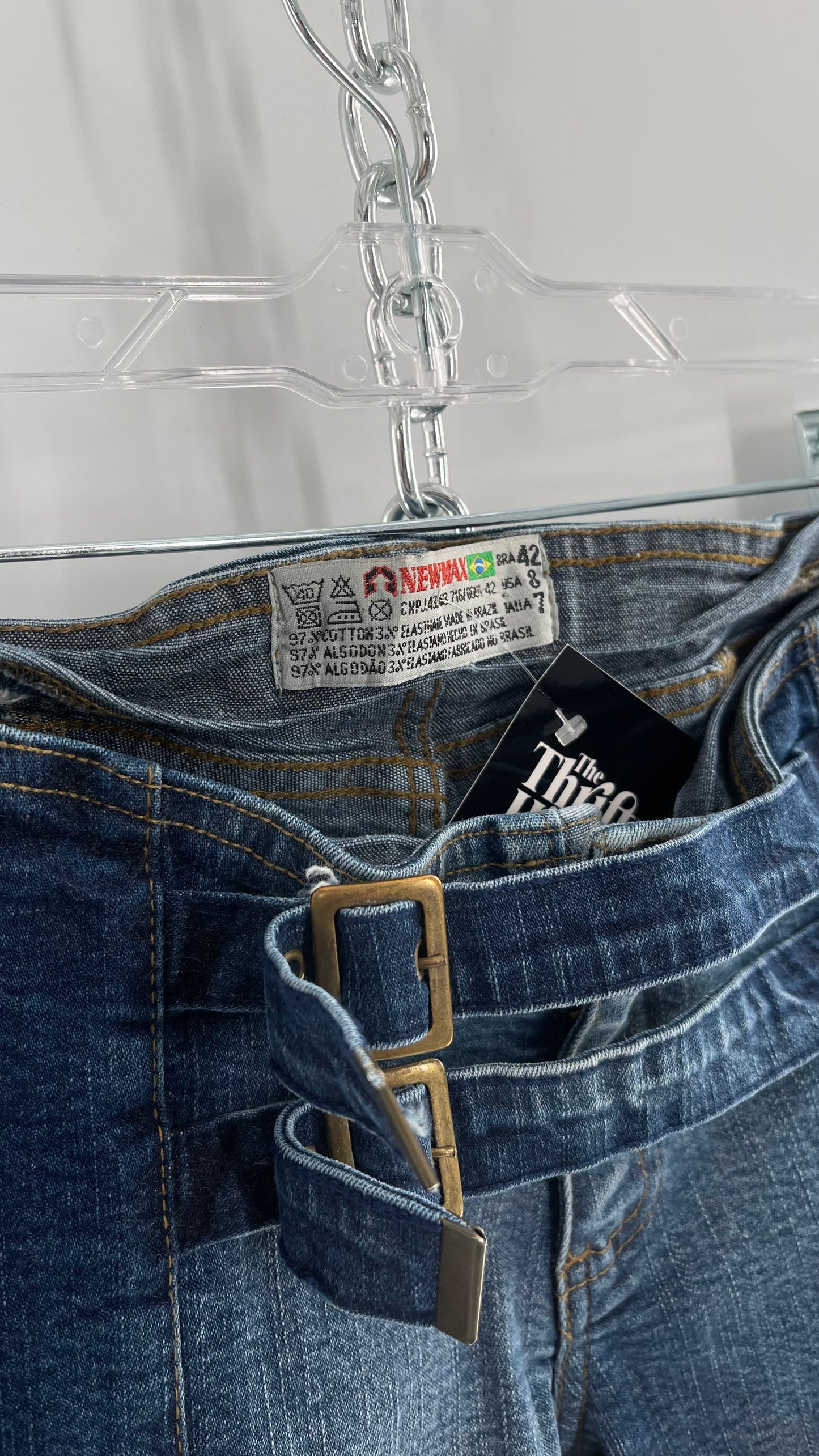 Vintage NewMax Two Toned Paneled Brazilian Jeans with Buckle Jean Strap Closure and Flared Hem (8)