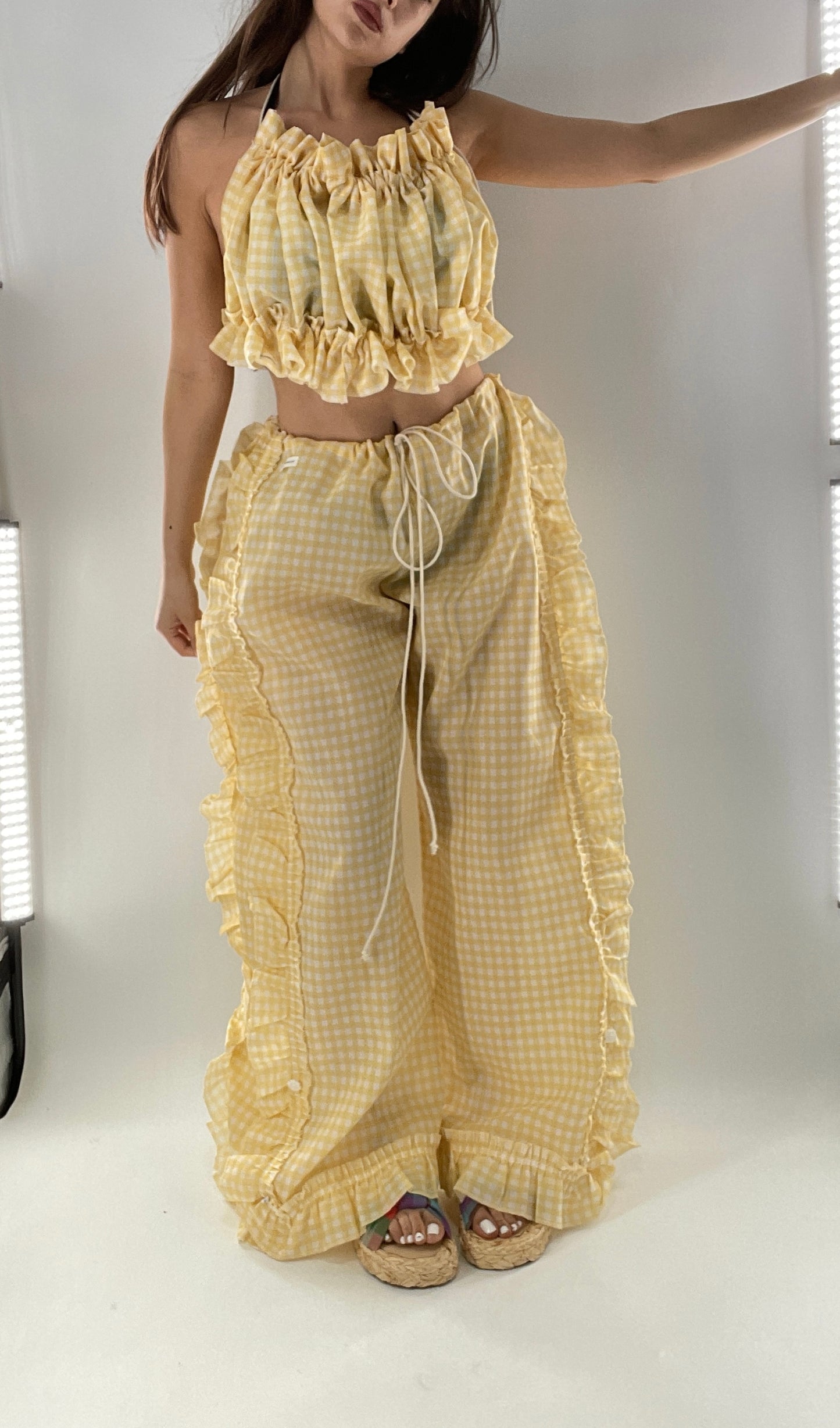 Vintage 2 Piece Yellow Checkered/Gingham Patterned Picnic Set with Ruched Bust Top and Ruffle Side Wide Legs with Adjustable Length, Strap Up Buttons on Hem (One Size)